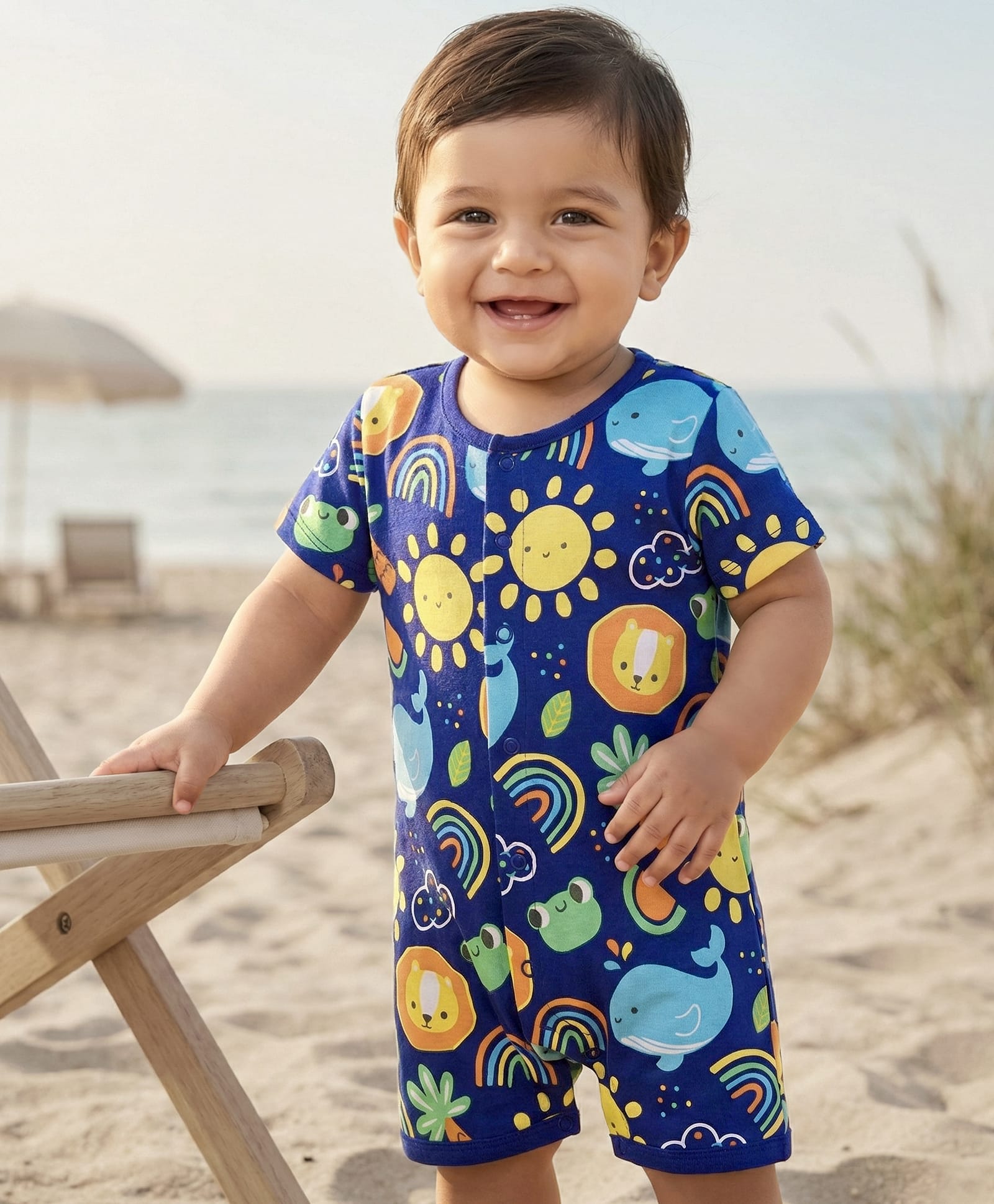 Babyhug 100% Cotton Knit Half Sleeves Romper With Animal & Rainbow Print - Navy Blue-image-0