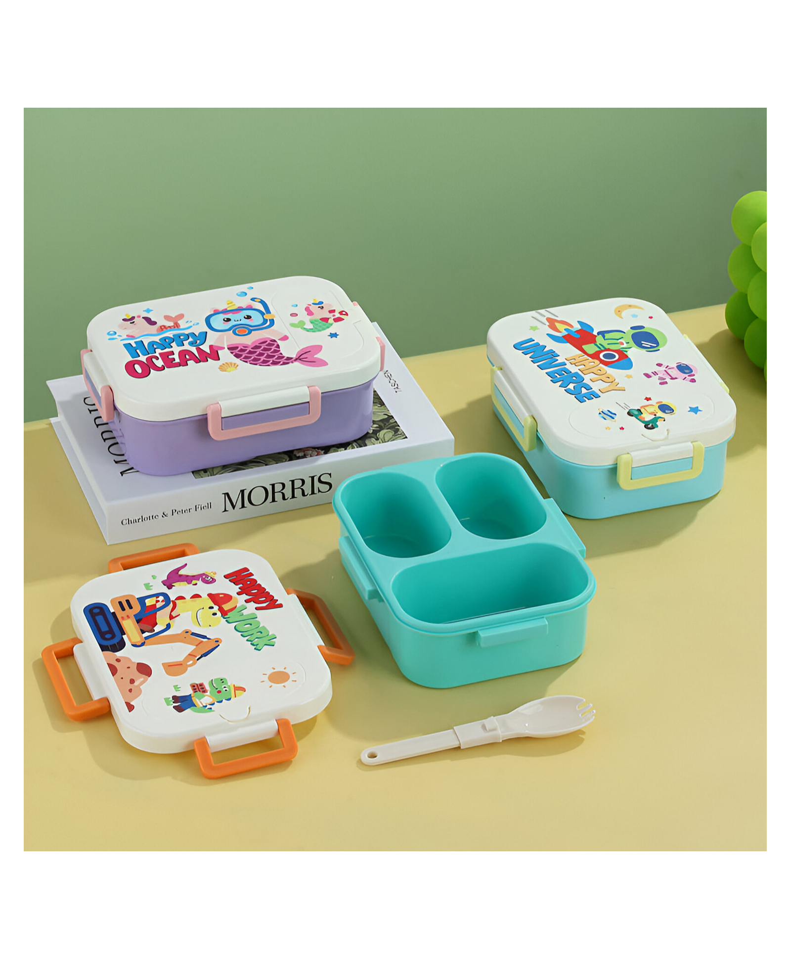 SCHOOLISH Leak-Proof Cartoon Design with Individual Sealed 3 Compartments Lunch Box for kids- PACK OF 1- COLOR MAY VARY-image-0