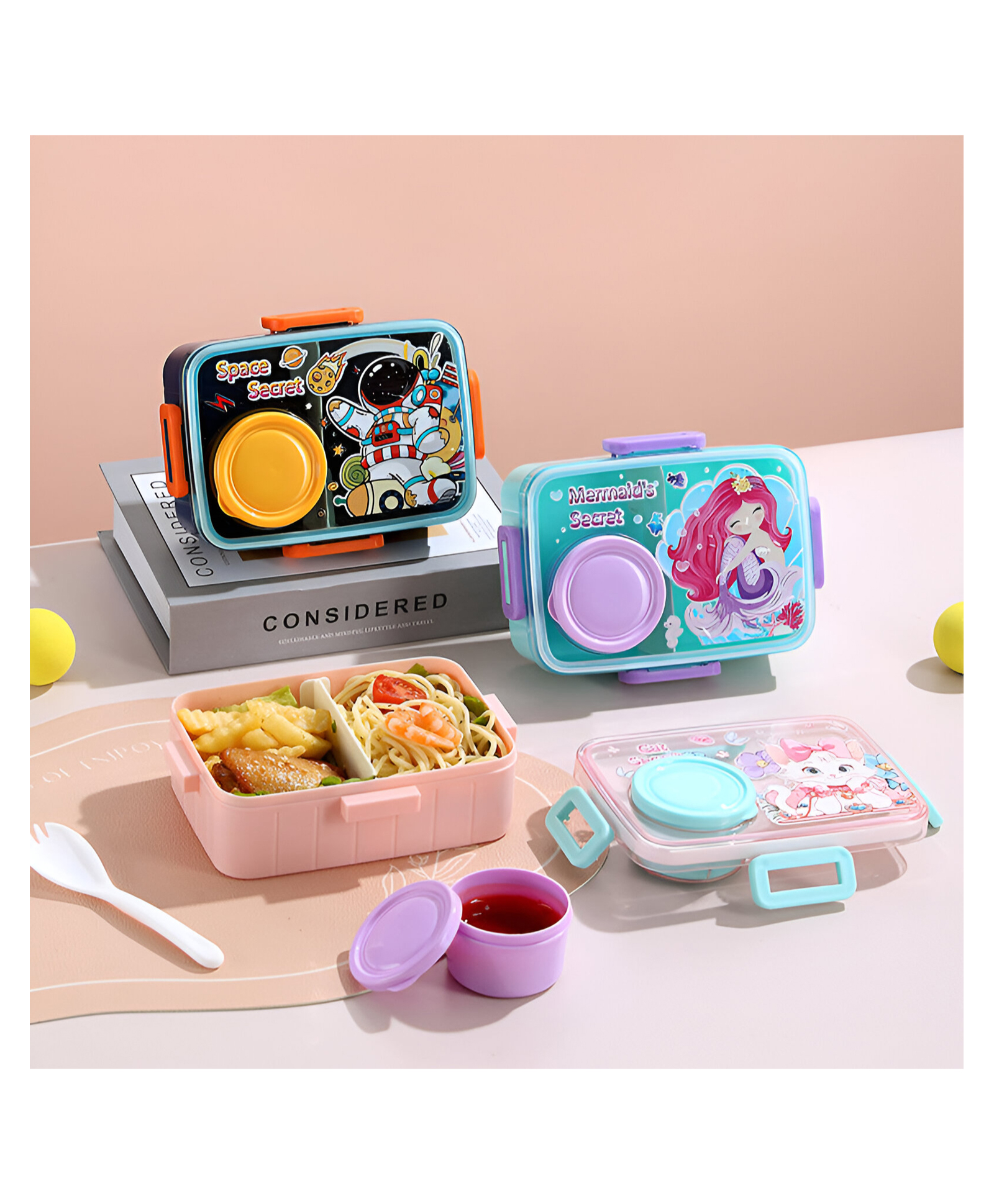 SCHOOLISH Leakproof Cute Designed 2 Compartment Lunch Box with Sauce Box for kids- PACK OF 1- COLOR MAY VARY-picture-12