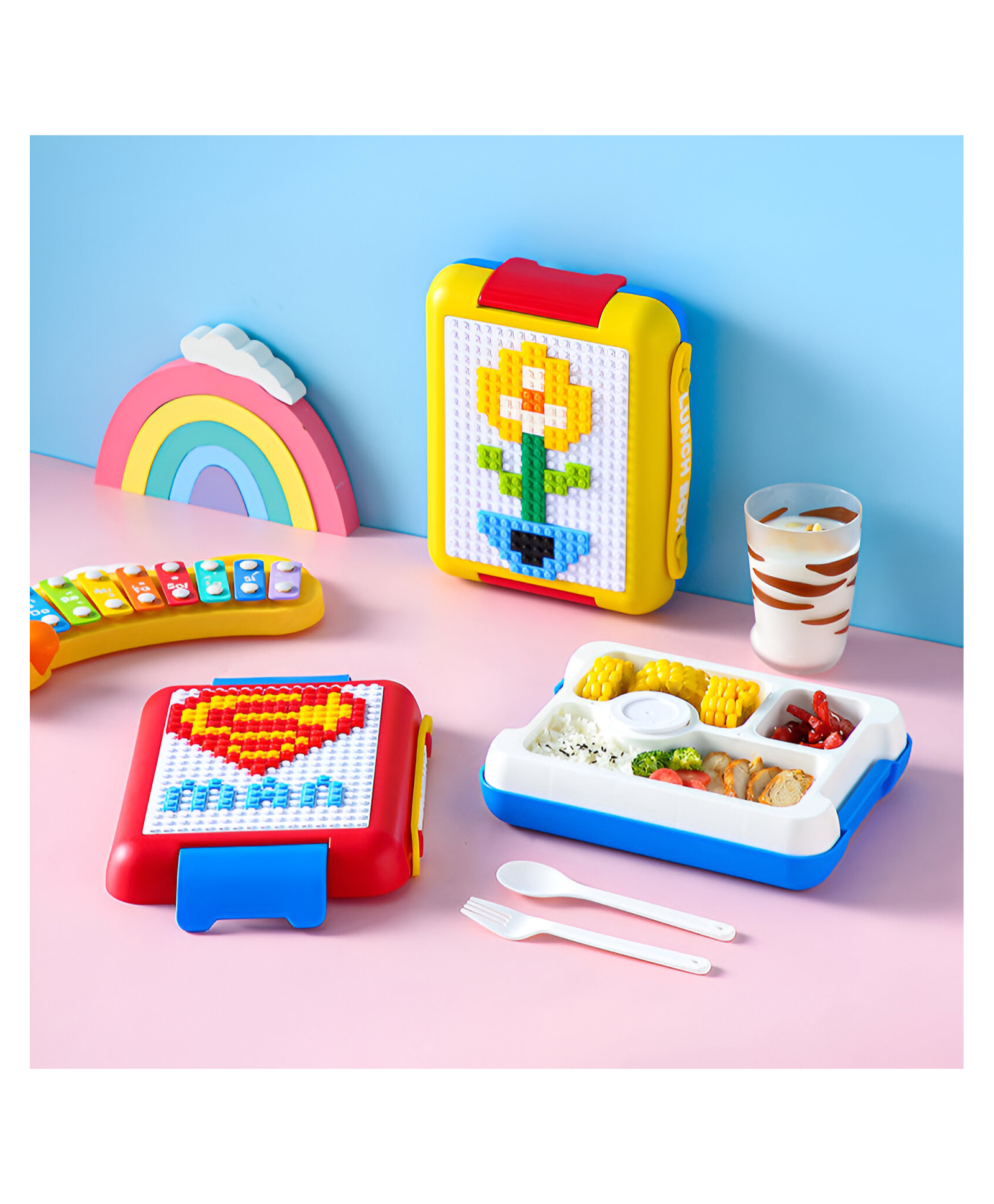 SCHOOLISH Diy Pixel Building Block Meal Prep Containers Lids Children's Bento Lunch Boxes PP Material for Food Storage- PACK OF 1- COLOR MAY VARY-image-7