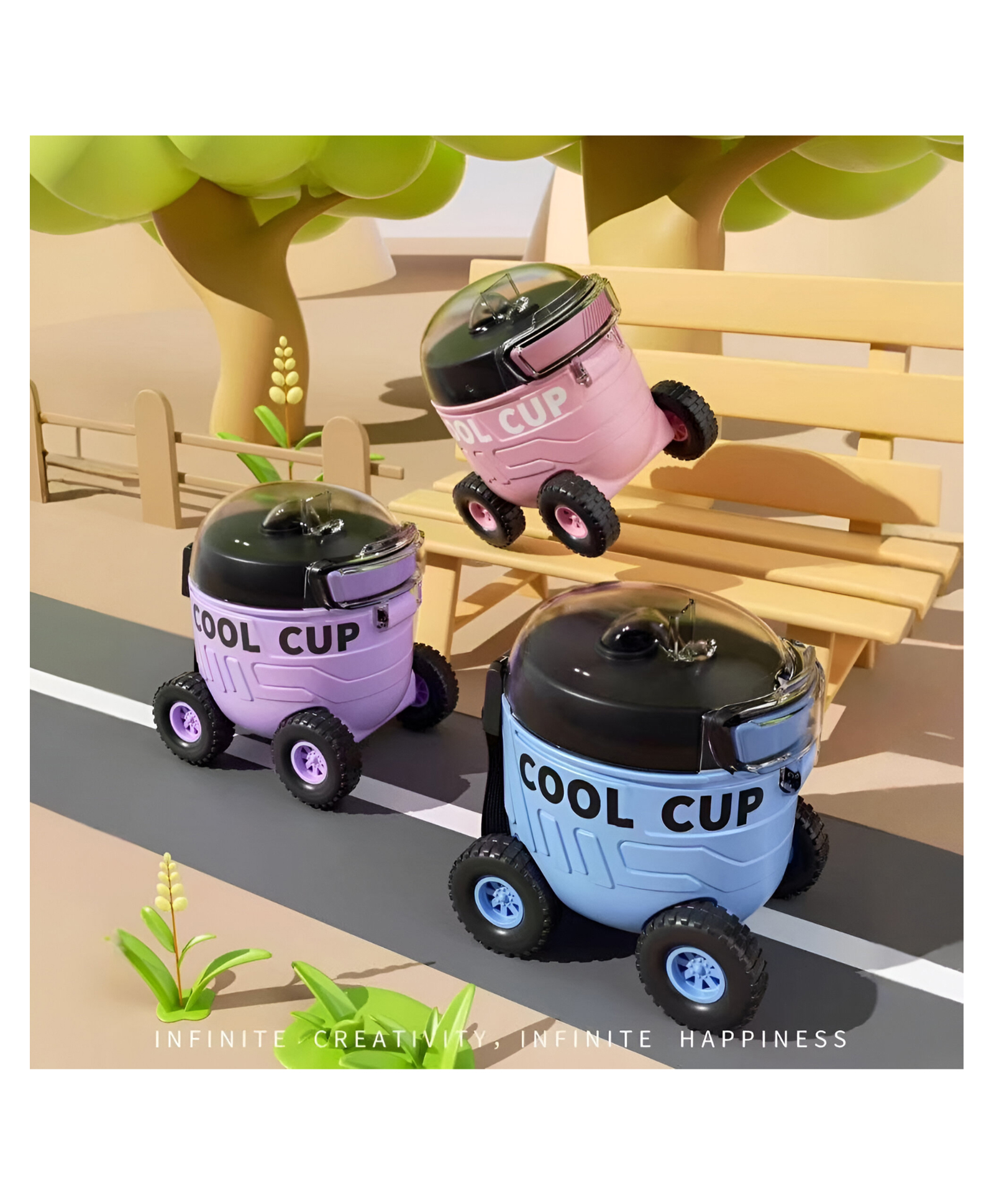 SCHOOLISH Cute Cartoon design 550ml Water Bottle with Straw and Strap Dual Compartments Leak-Proof Plastic Drinking Cup for School Sport Travel - PACK OF 1 - COLOR MAY VARY-image-2