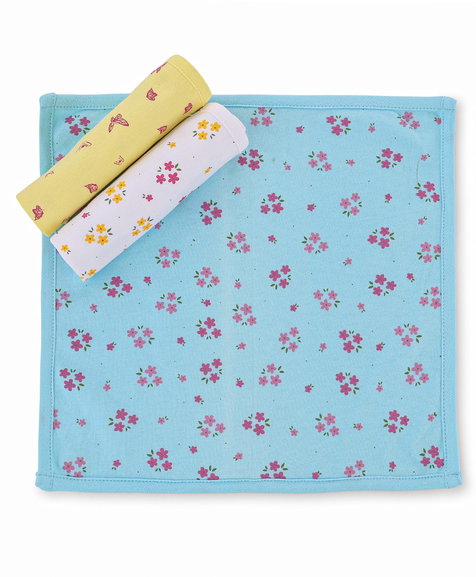 Doodle Poodle 100% Cotton Knit Floral Printed Hand & Face Towel Pack Of 3 L 56 cm x B 23.5 cm - Light Pink Blue & White-image-40