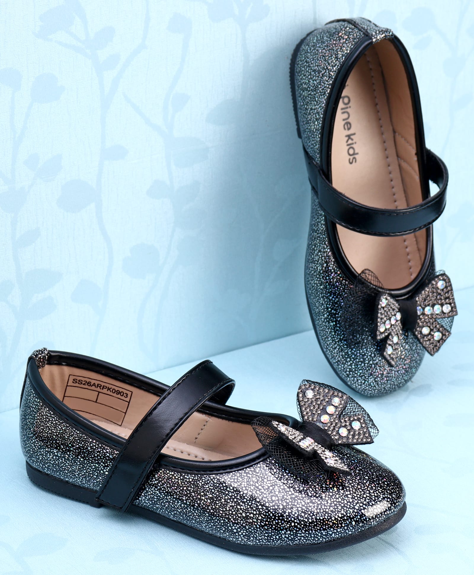 Pine Kids Velcro Closure Closed Toe Ballerina with Bow Applique - Black