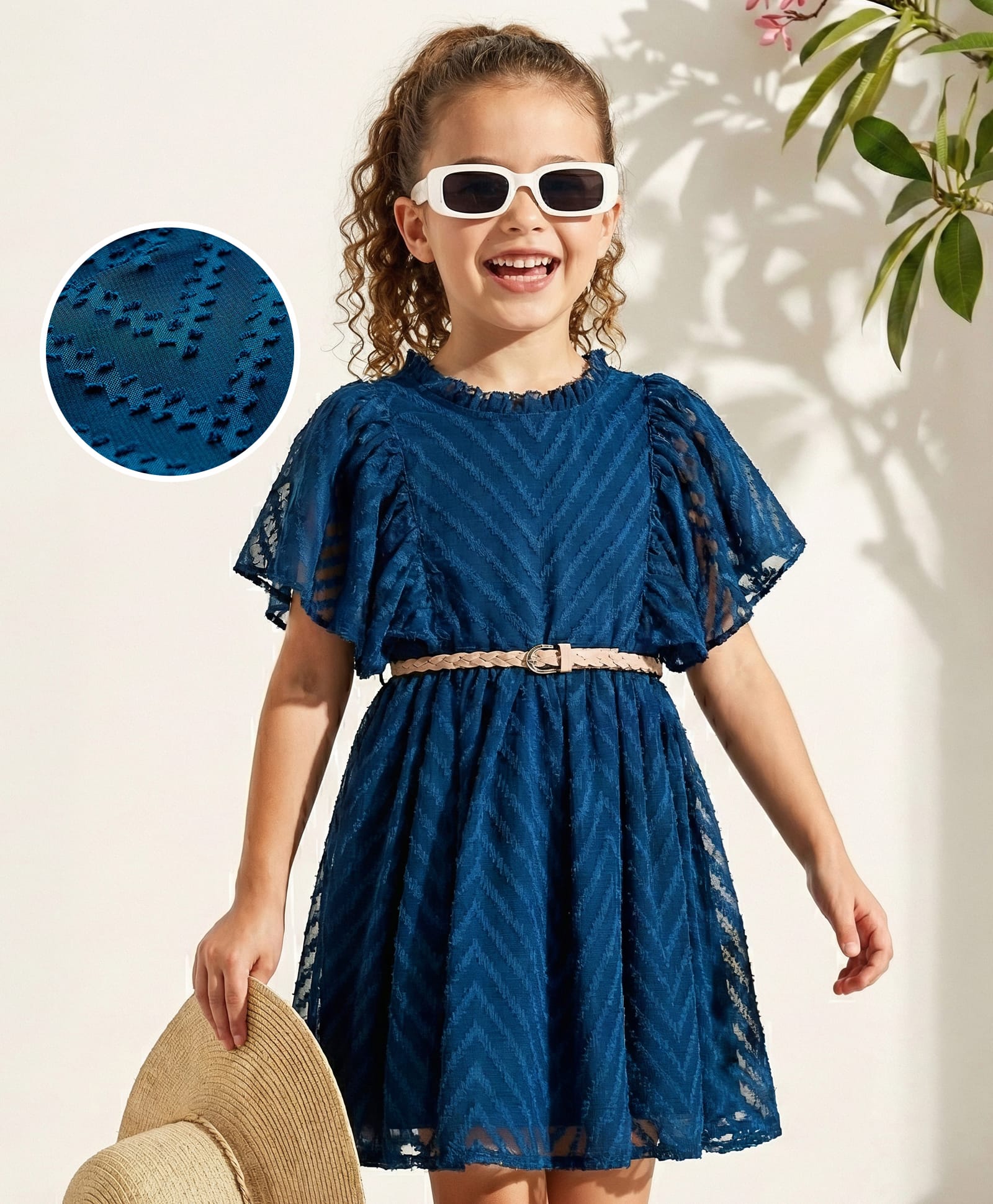 Hola Bonita Knit Half Sleeves Texture Solid Dress With Belt - Teal Blue-image-21