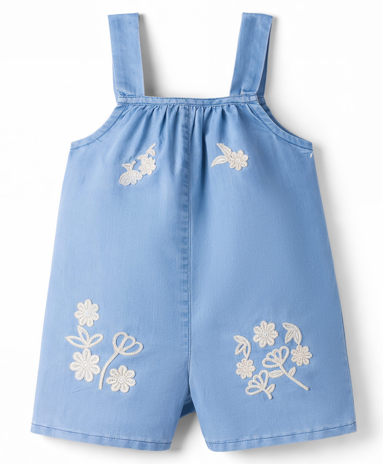 Bonfino 100% Cotton Light Weight Woven Sleeveless Denim Dungaree with Floral Embroidery - Light Blue-picture-18