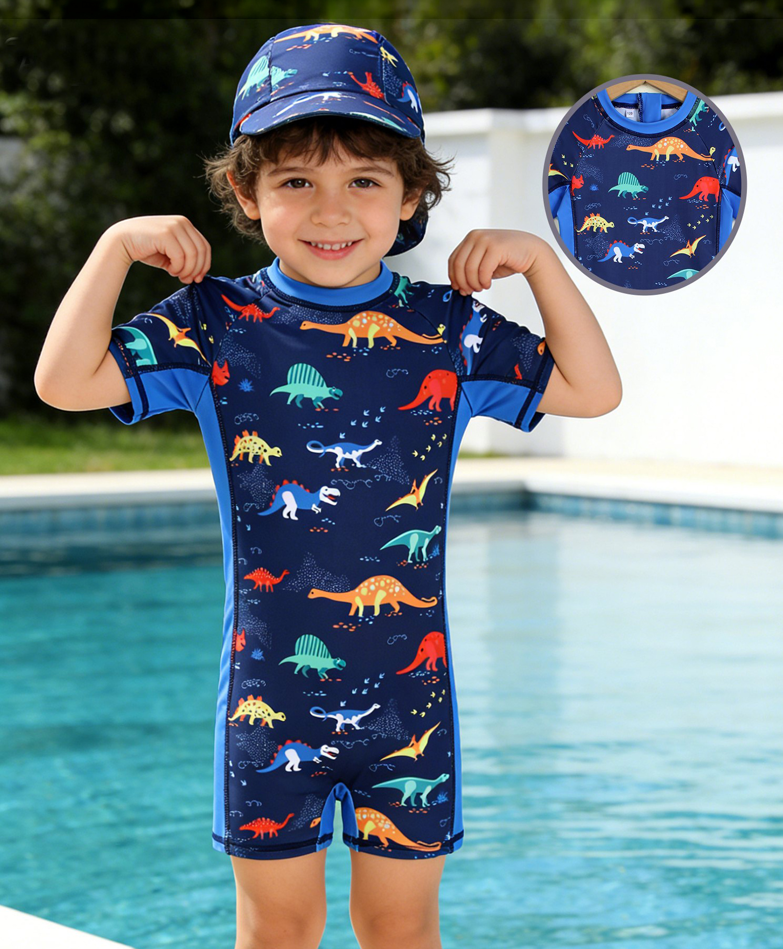 Babyhug Raglan Half Sleeves Dino Printed Legged Swimsuit -Navy Blue-image-38