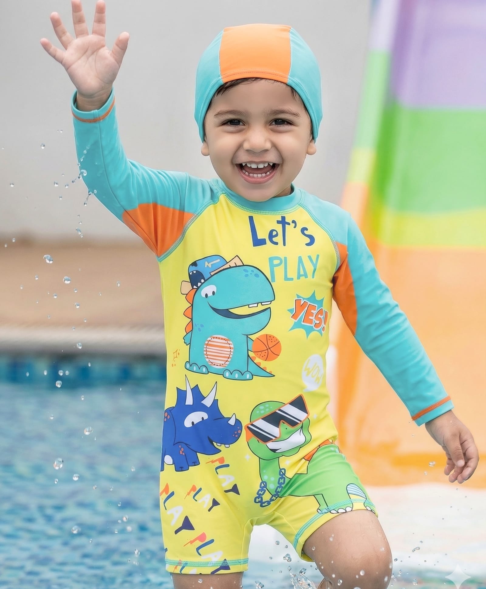 Babyhug Full Raglan Sleeves Dino Printed Legged Swimsuit - Yellow & Sea Green-picture-16