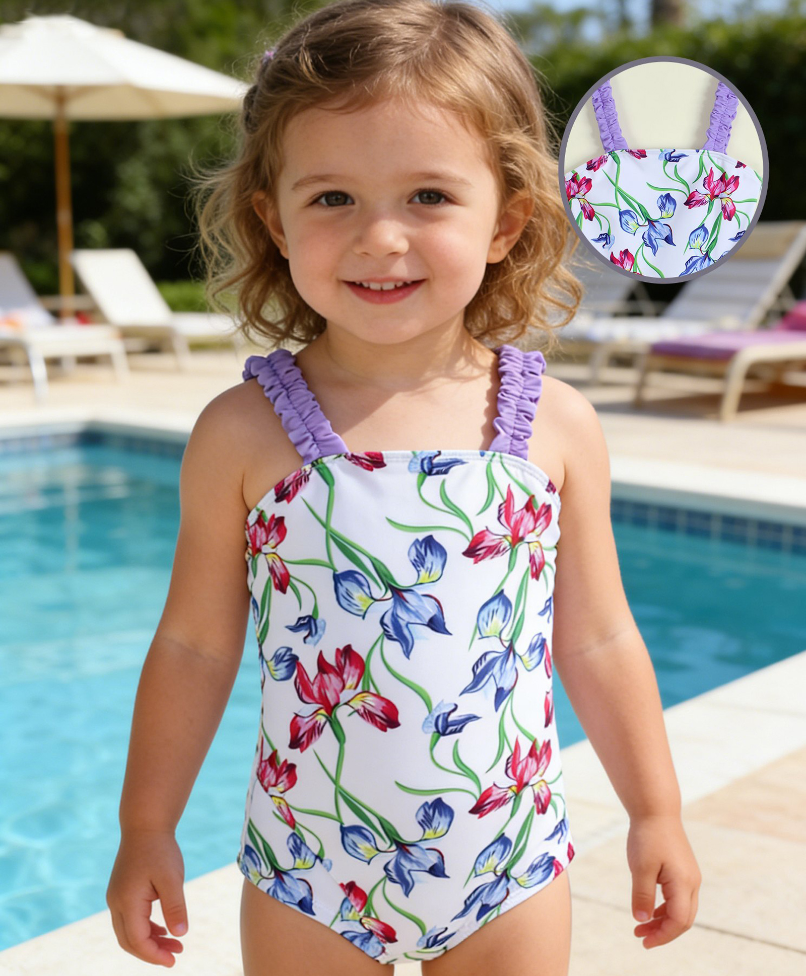 Babyhug Sleeveless V Cut Swimsuit with Floral Print - Light Blue & Purple-image-17