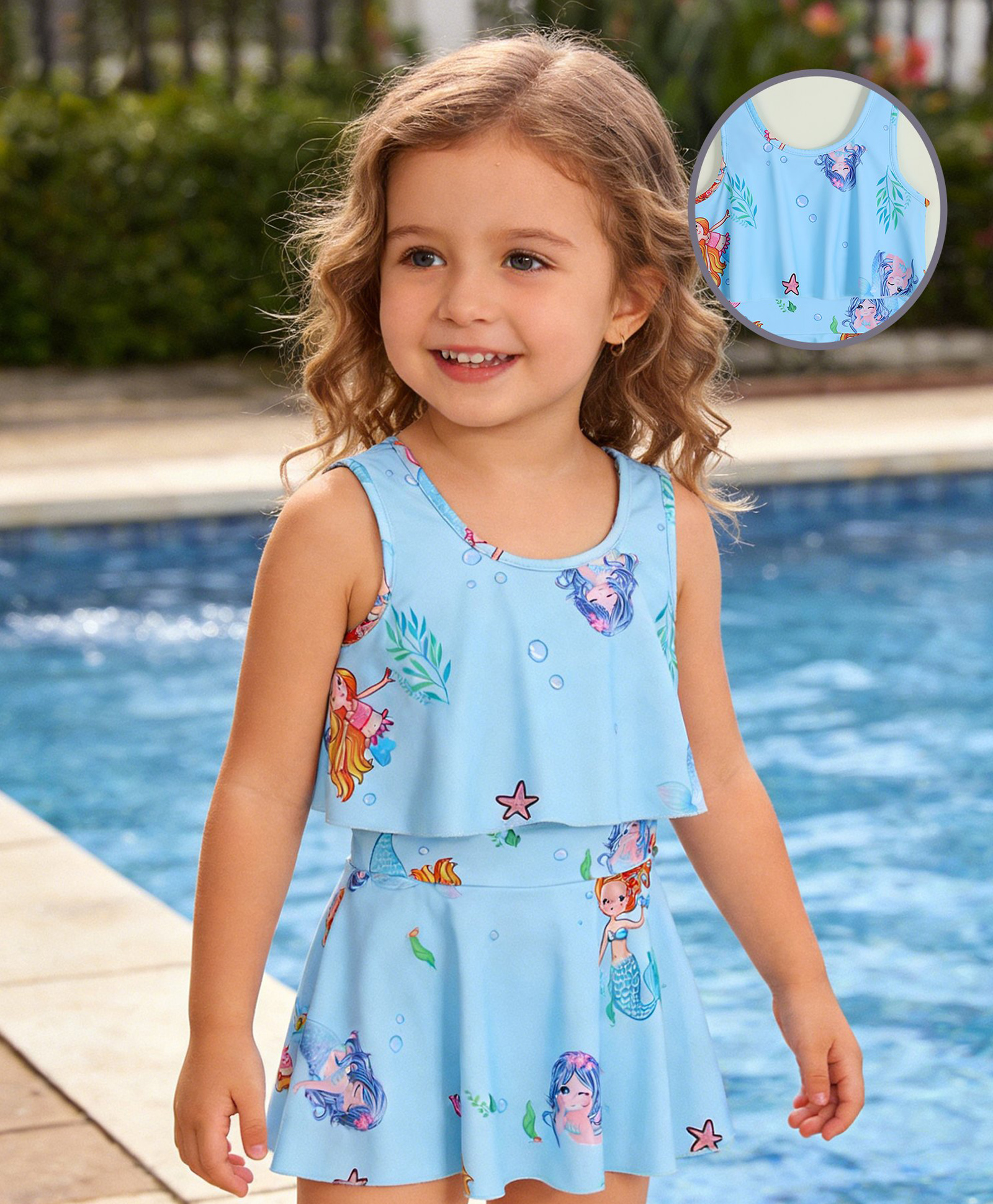 Babyhug Sleeveless Mermaid Printed Frock Swimsuit - Light Blue-image-34