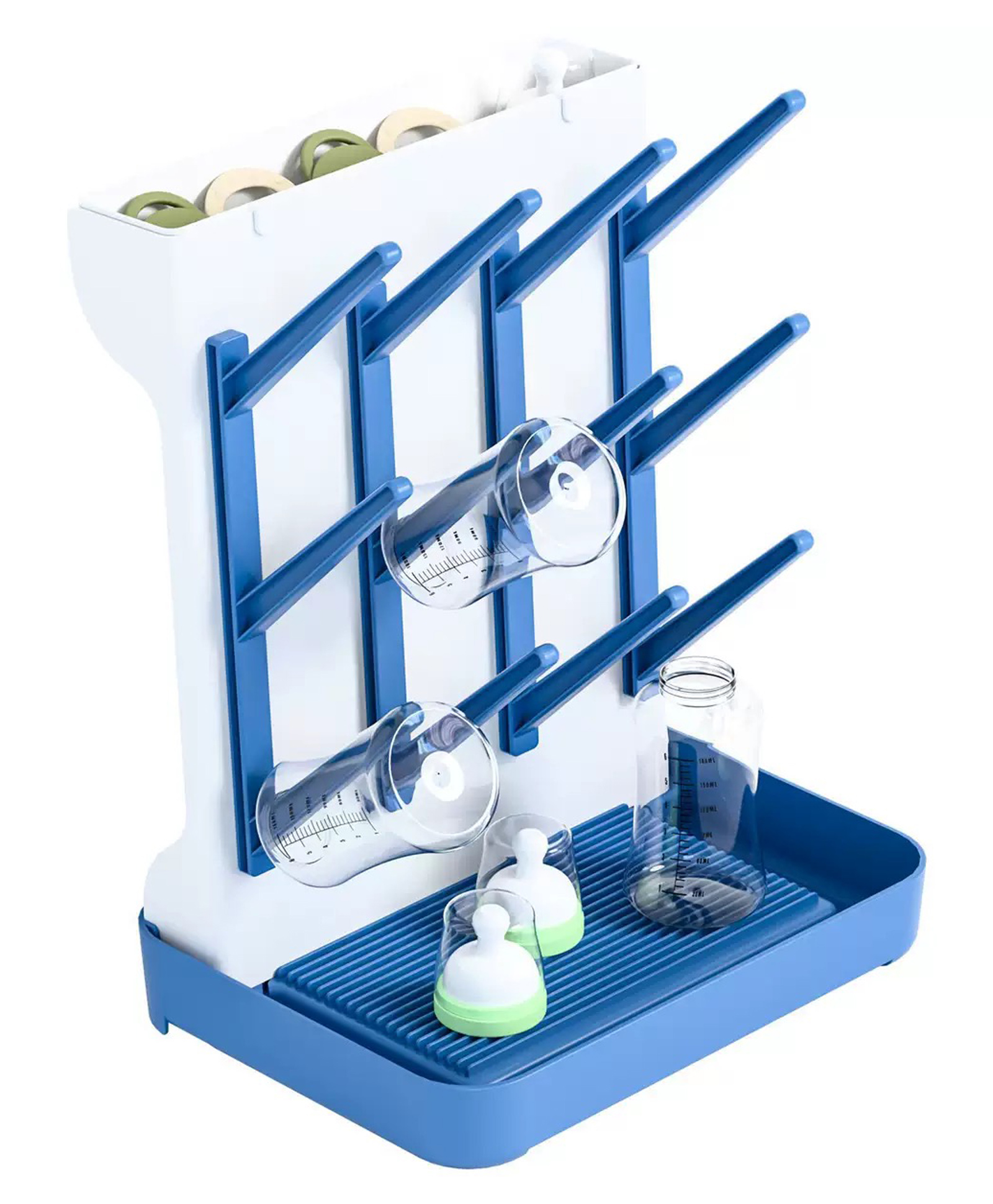 Baby Bottle Drying Rack for 12 Bottles - White & Blue| BPA-Free| Drying & Storing Feeding Bottles & Accessories| with Drip Tray