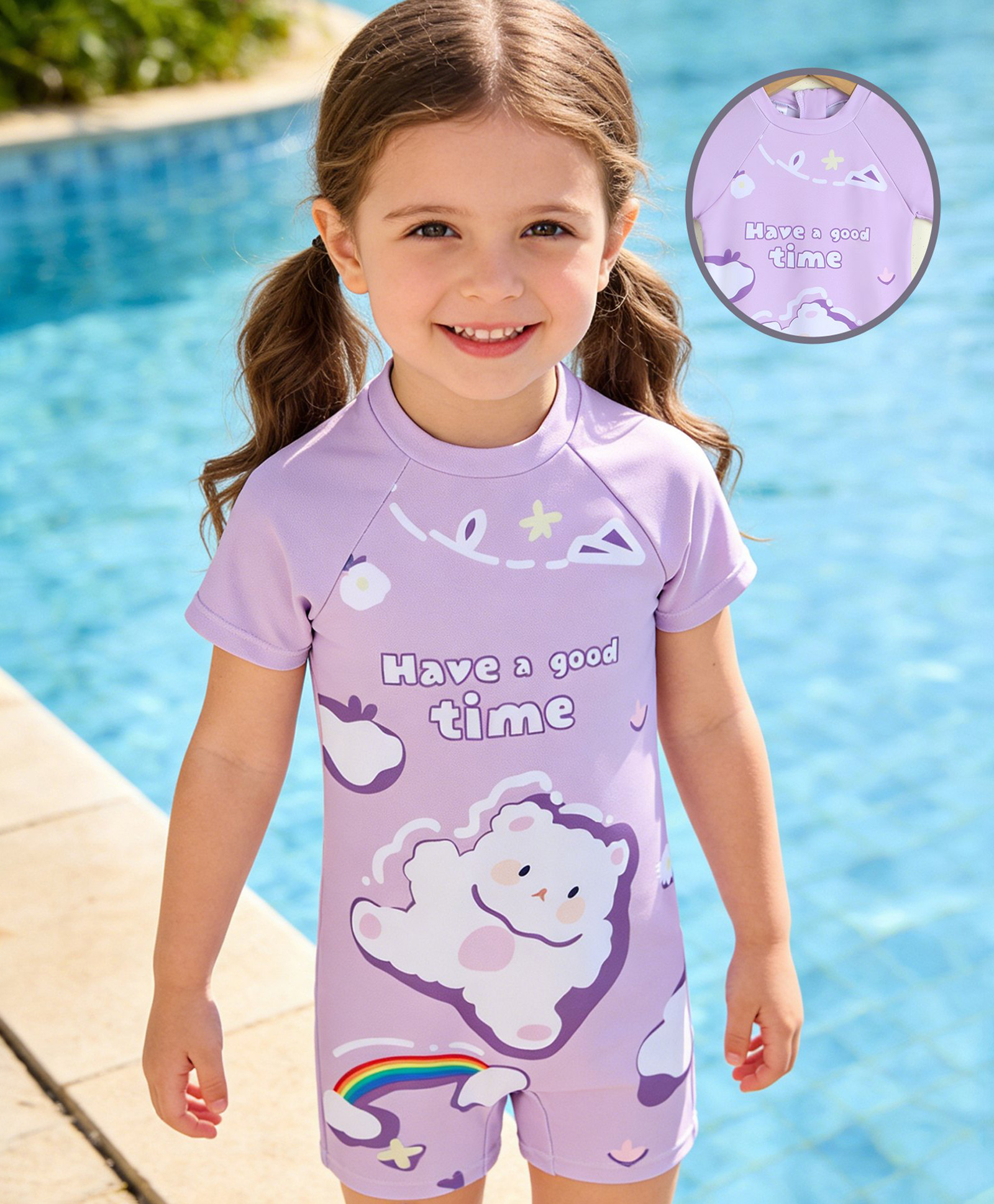 Babyhug Half Raglan Sleeves Legged Swimsuit with Rainbow & Cloud Print - Lilac-image-18