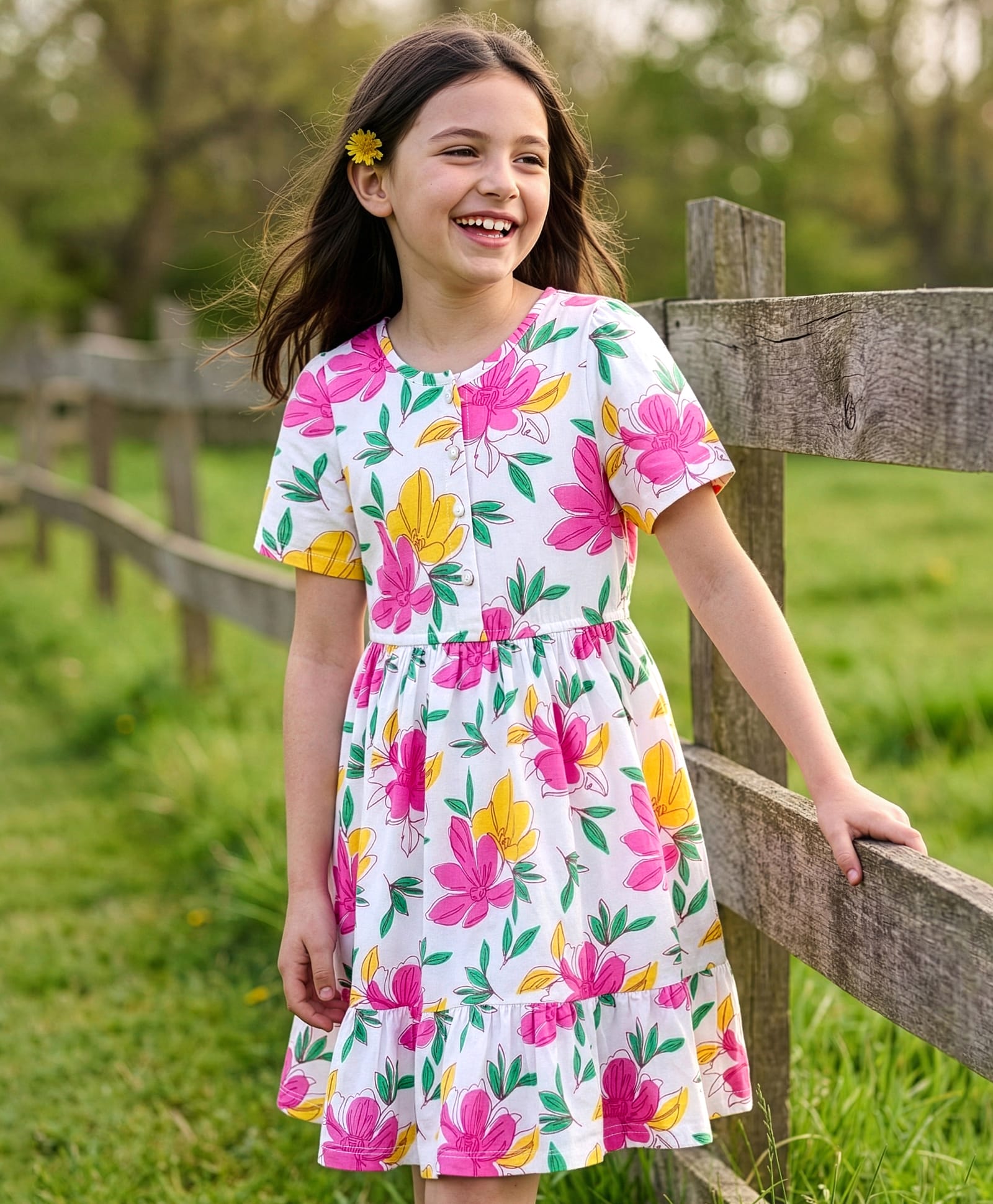 pine kids cotton knit half sleeves frock with floral print - white