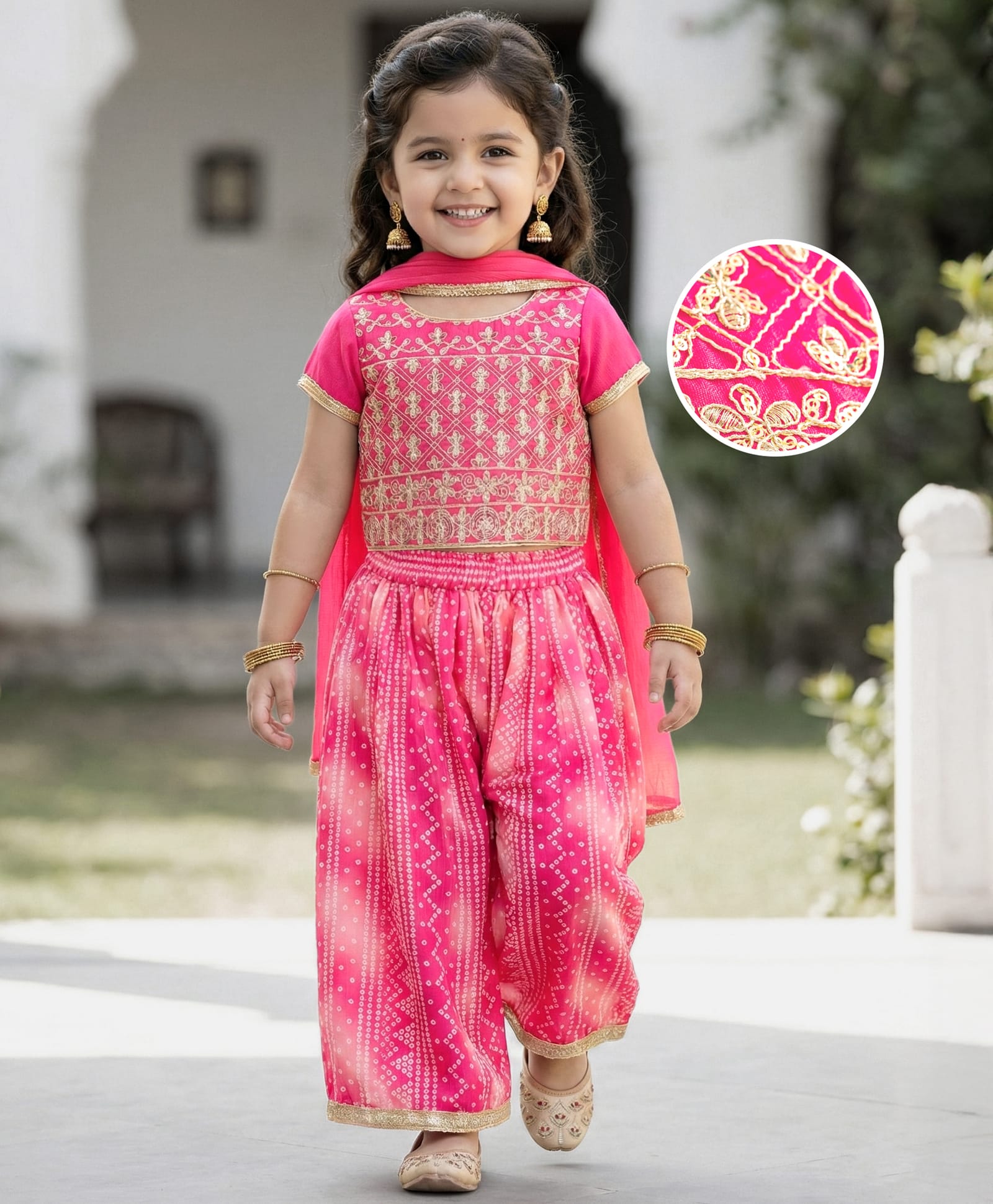 Babyhug Woven Half Sleeves Printed & Embroidered Indo Western Set with Dupatta - Pink-image-3