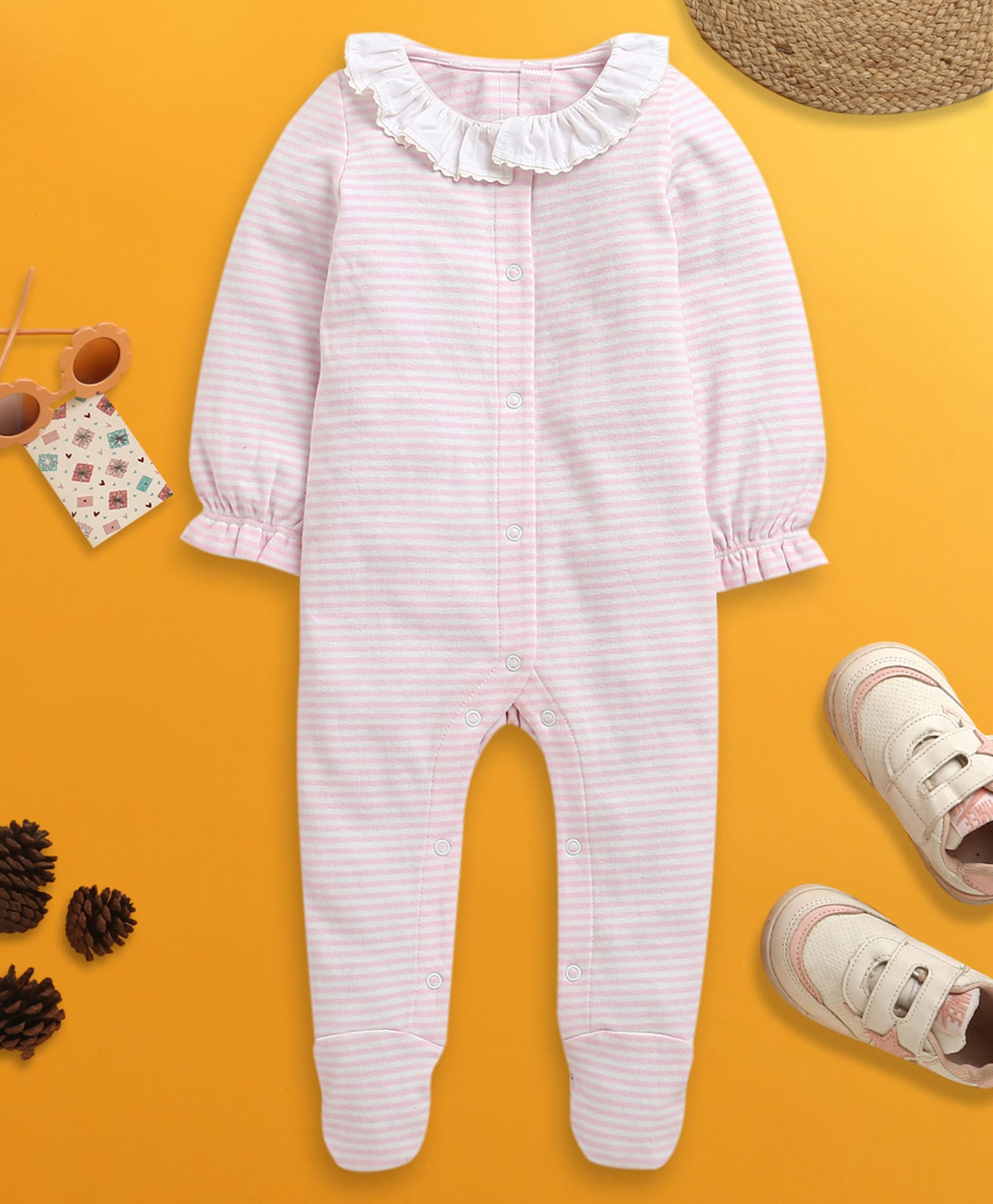 Nino Bambino Organic Cotton Knit Full Sleeves Striped Romper - Pink-image-27