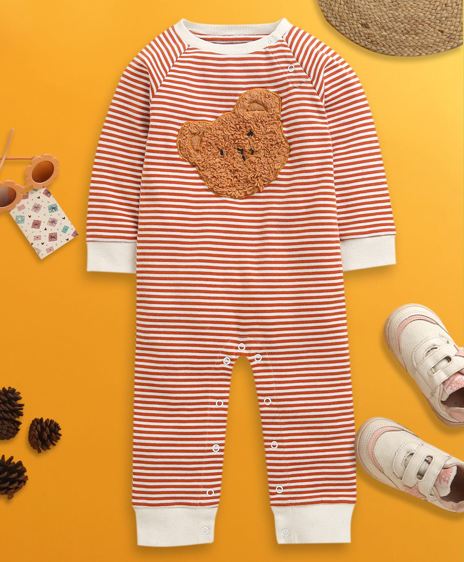 Nino Bambino Organic Cotton Knit Full Sleeves Bear Patch Detailed Romper - Brown-image-32