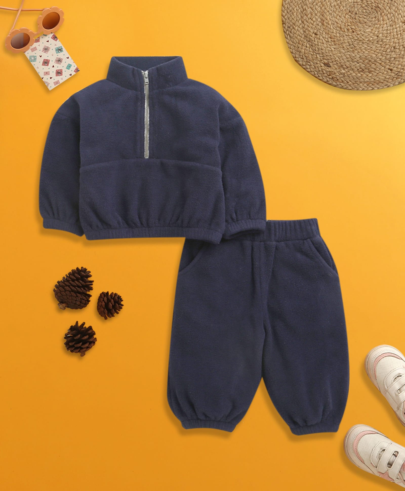 Nino Bambino Fleece Woven Full Sleeves Solid Tee With Jogger Set - Navy Blue-picture-20