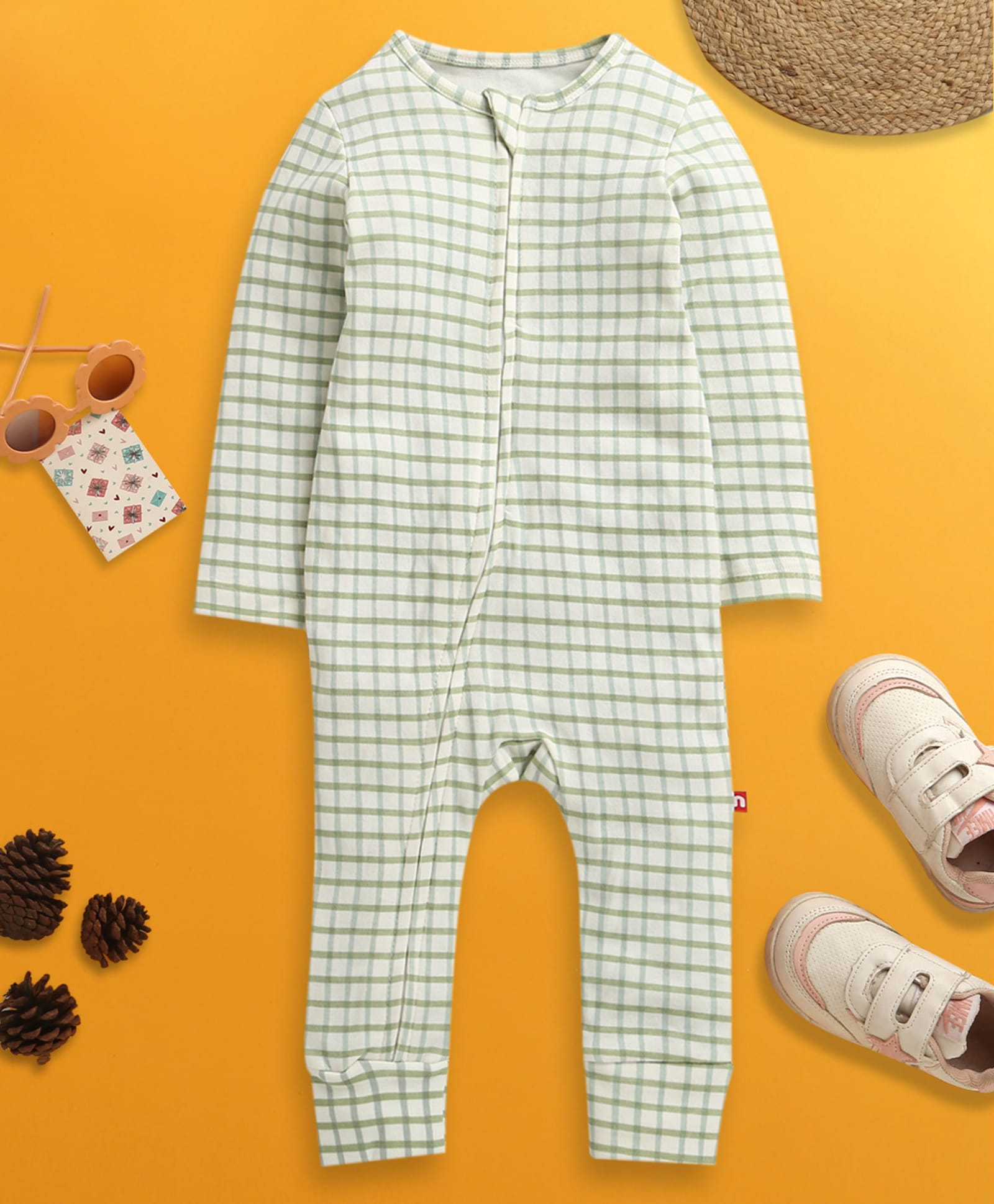 Nino Bambino Organic Cotton Knit Full Sleeves Checked Romper - Green-image-30