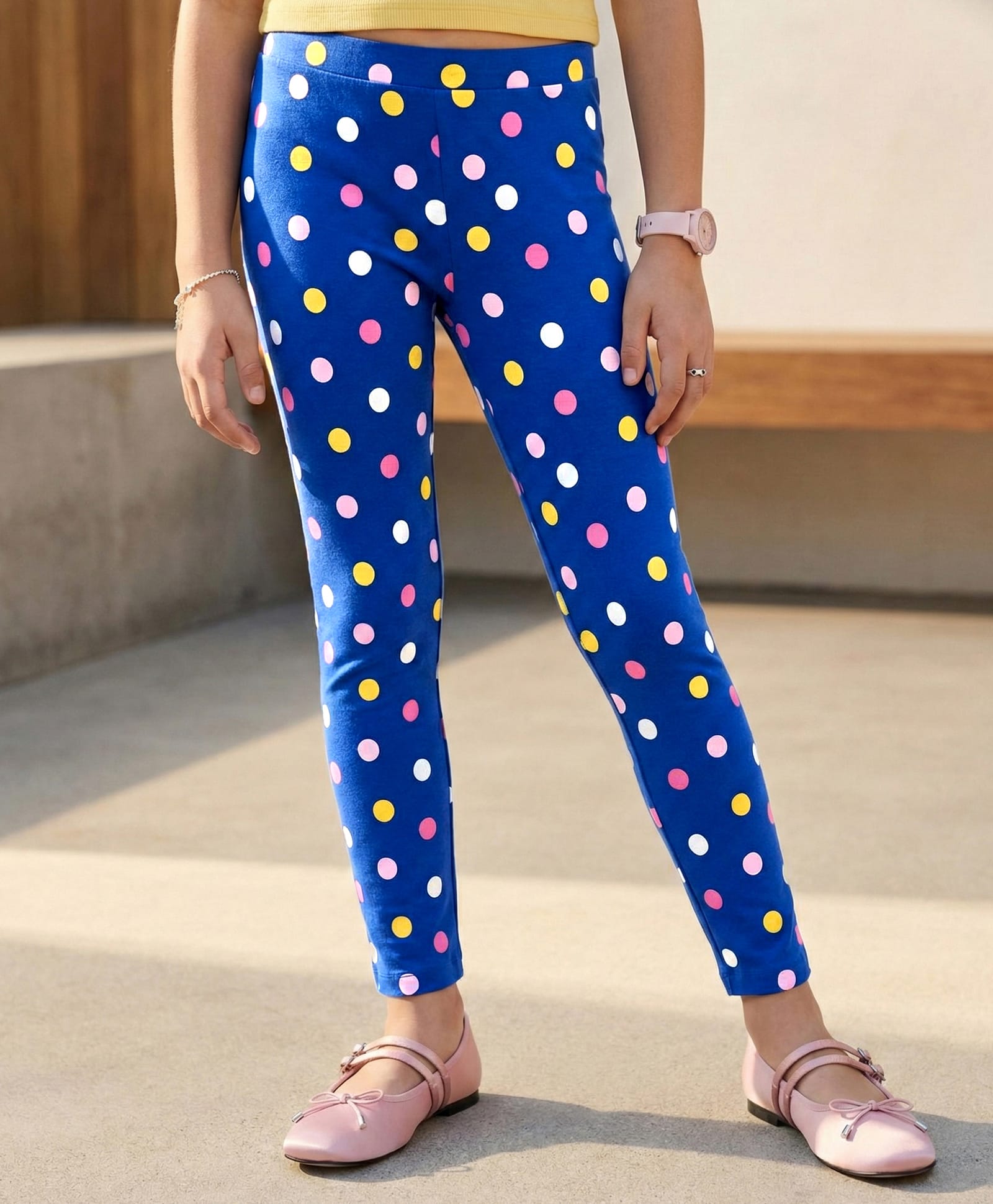 Pine Kids Cotton Lycra Knit Full Length Polka Dots Printed Leggings - Blue-image-33