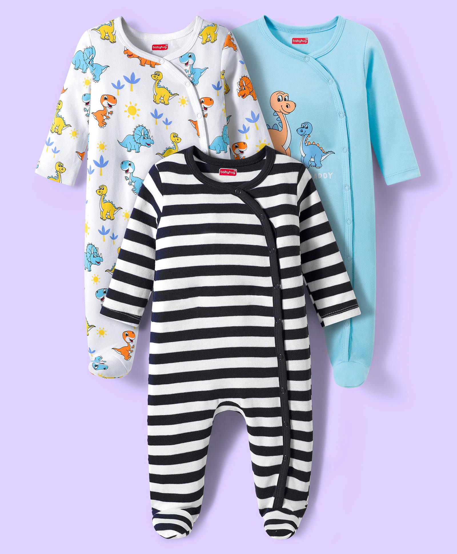 Babyhug Cotton Knit Full Sleeves Footed Sleepsuits With Dino Print Pack Of 3 - Light Blue Black & White-image-45