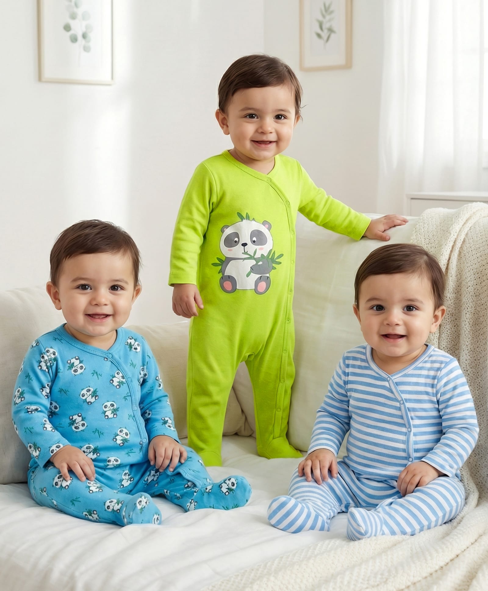 Babyhug Cotton Knit Full Sleeves Footed Sleepsuits With Panda Print Pack Of 3 - Limegreen Light Blue & Aqua-image-41