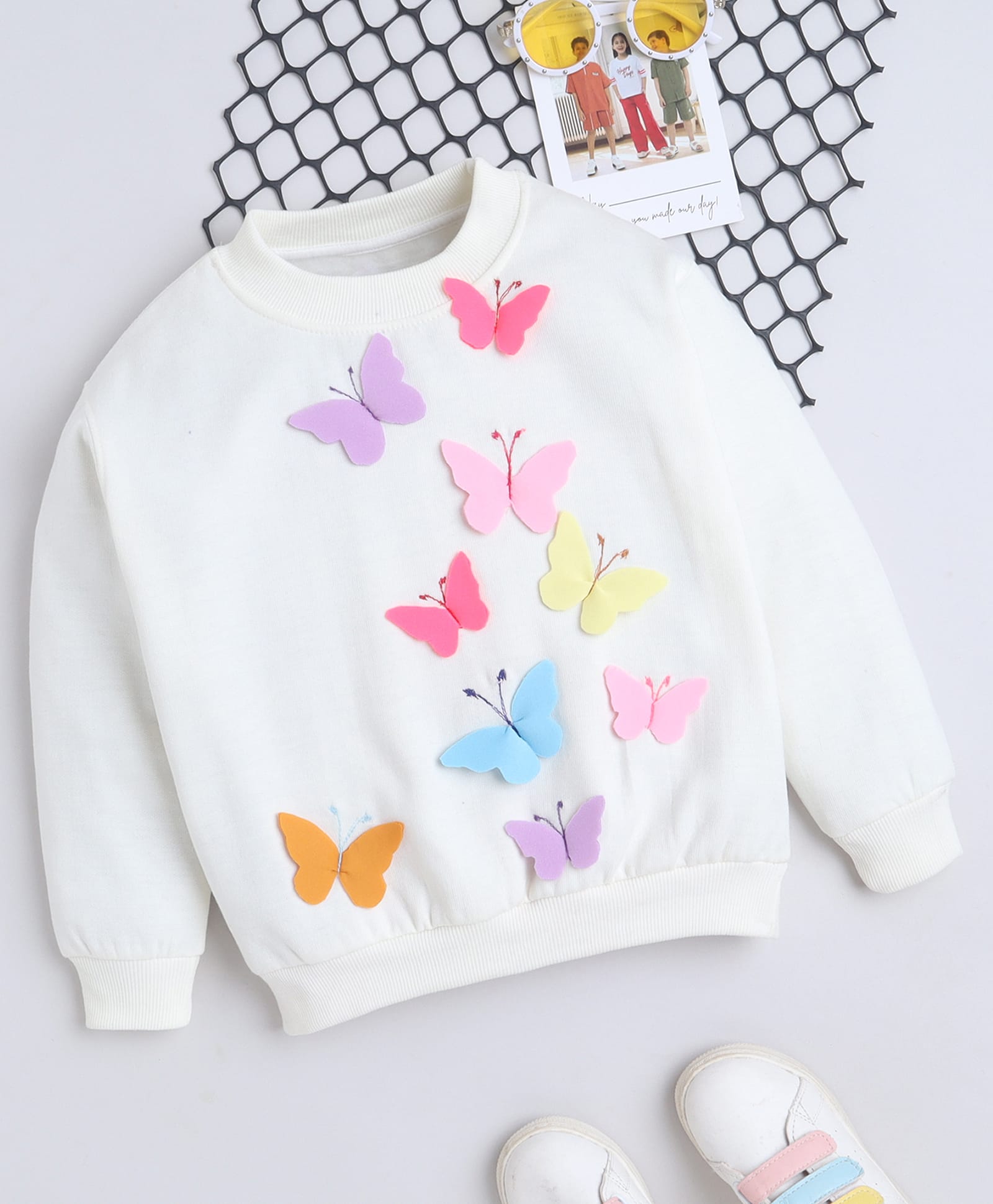 NAVKIYA G Fleece Knit Full Sleeves Butterfly Applique Detailed Light Winter Sweatshirt - Off White