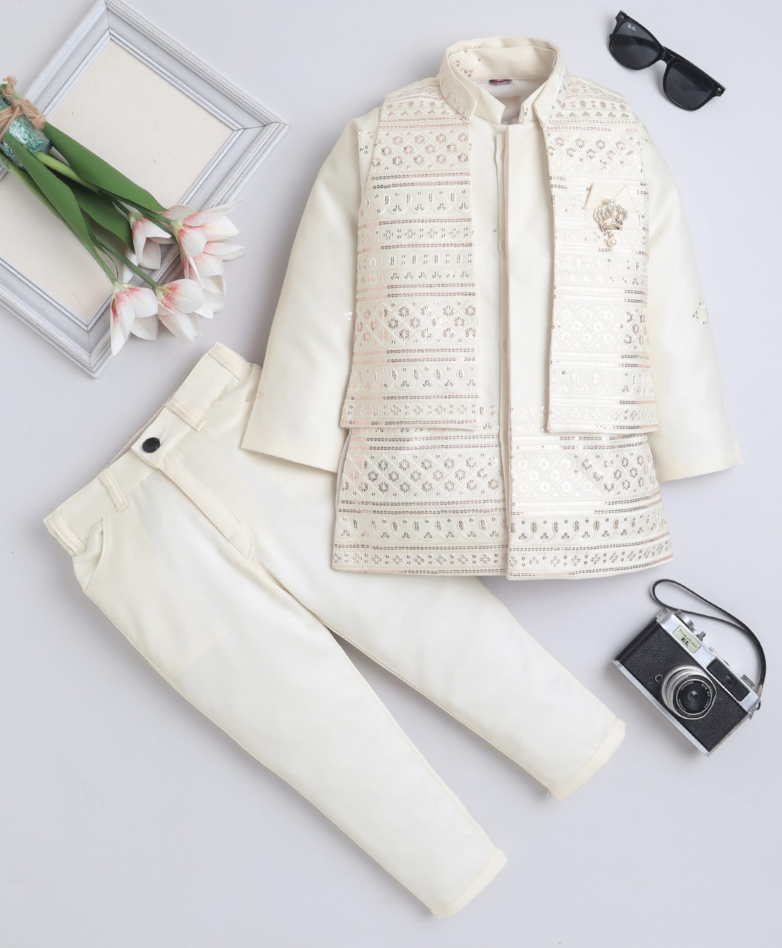 Fourfolds Woven Full Sleeves Floral Embroidered Sequins Embellished Sherwani With Pant & Jacket Set - Cream-image-5