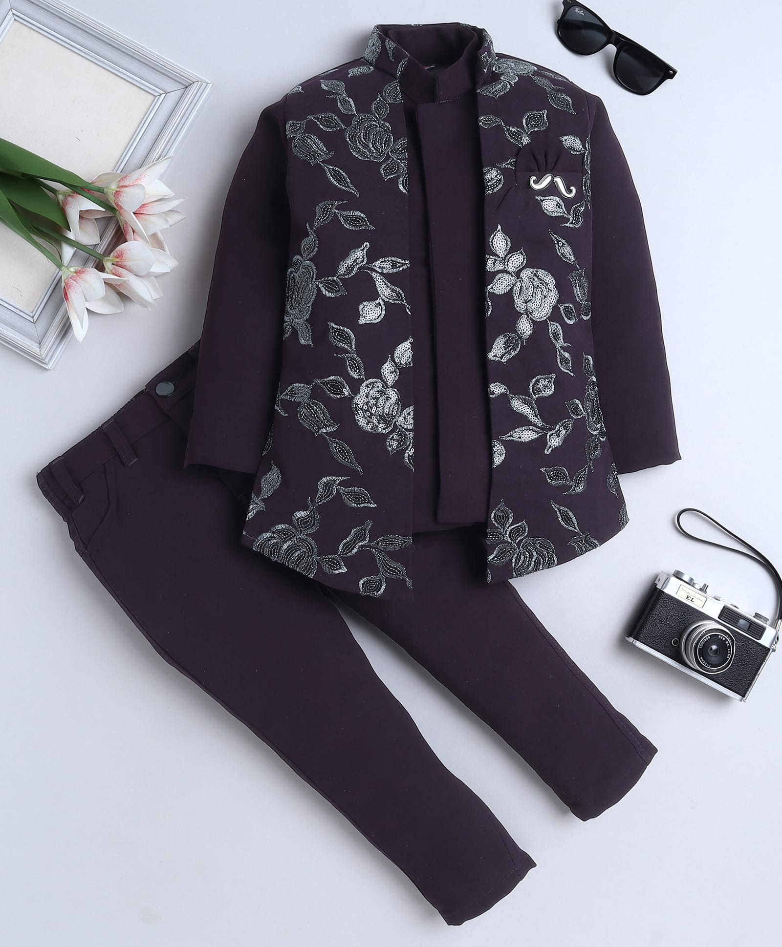 Fourfolds Cotton Blend Woven Full Sleeves Floral Design Sequins Embellished Sherwani & Trouser Set With Jacket - Wine-image-2