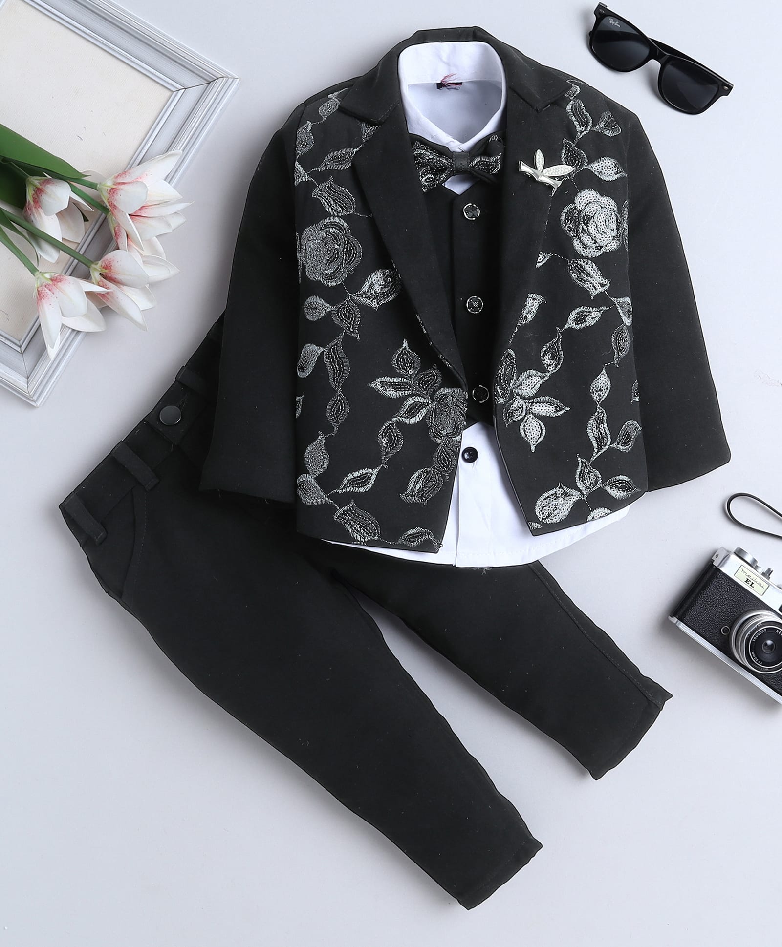 Fourfolds Cotton Blend Woven Full Sleeves Floral Design Sequins Embellished 3 Piece Party Suit Set With Bow - Black-image-19
