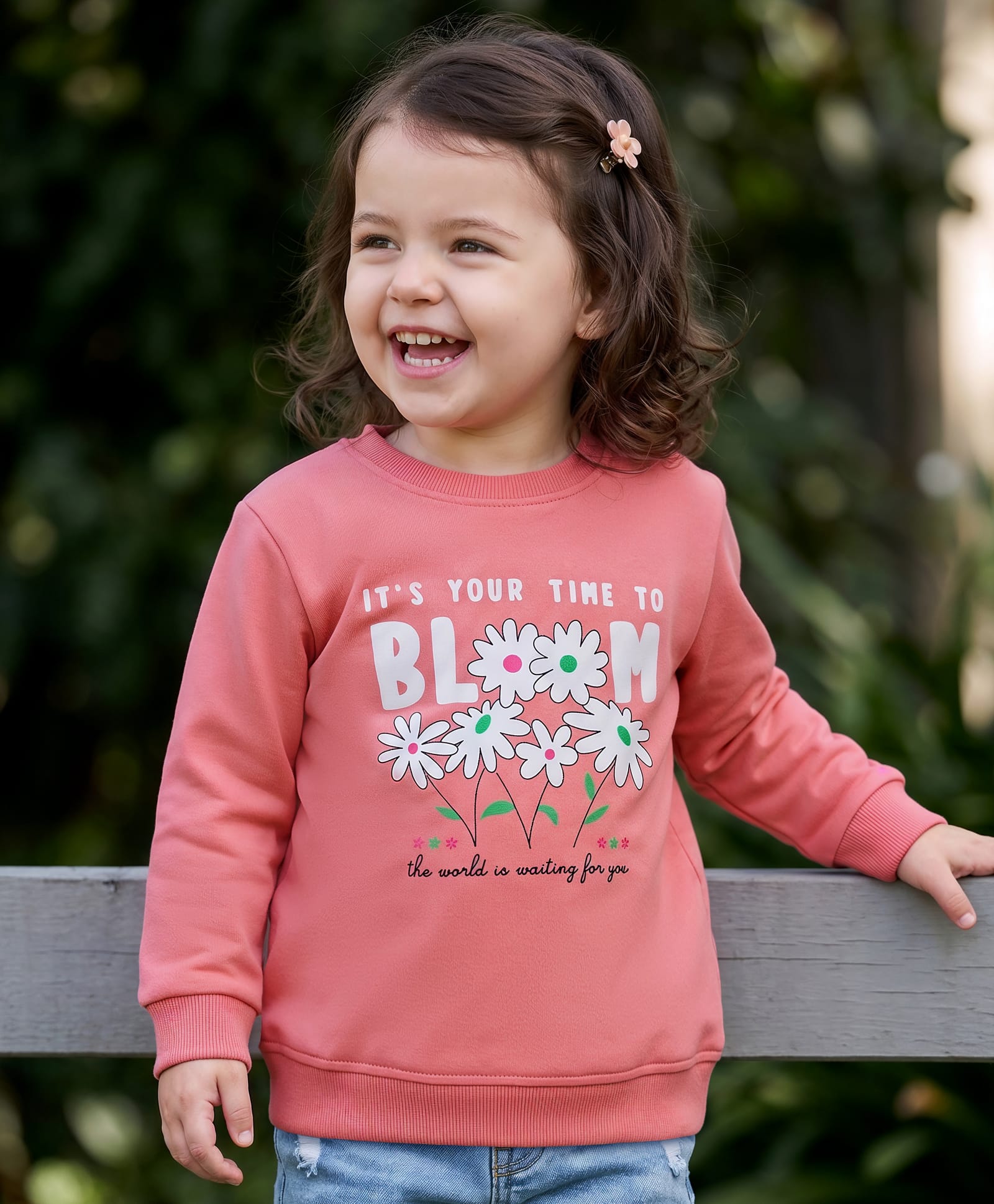 Kookie Kids Single Jersey Knit Full Sleeves T-Shirt With Bloom Text Print - Rose Gold-image-10