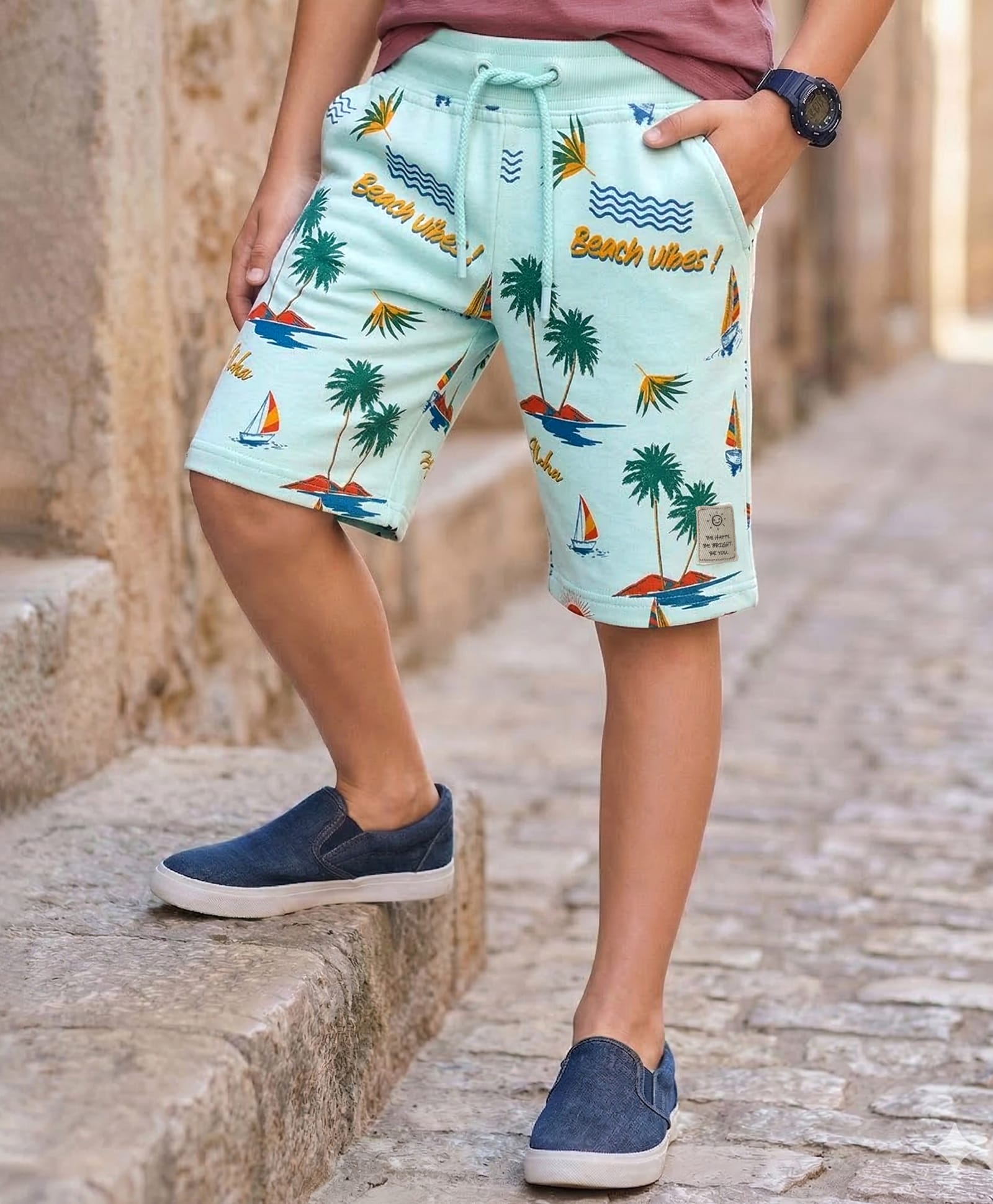 Pine Kids Looper Knit Shorts with Beach Theme Print - Sea Green-picture-25