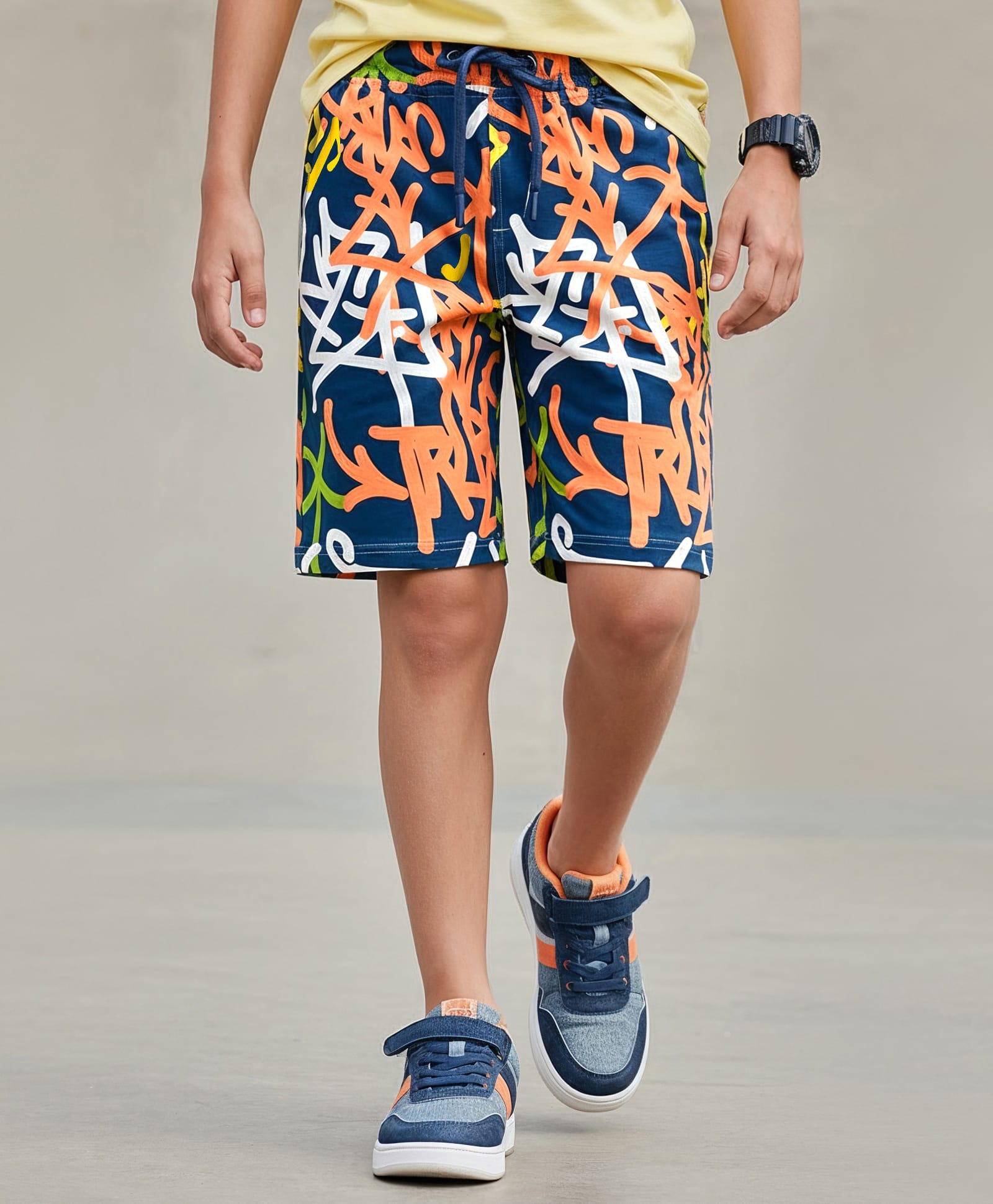 Pine Kids Looper Knit Knee Length Printed Shorts - Navy Blue & White-picture-16