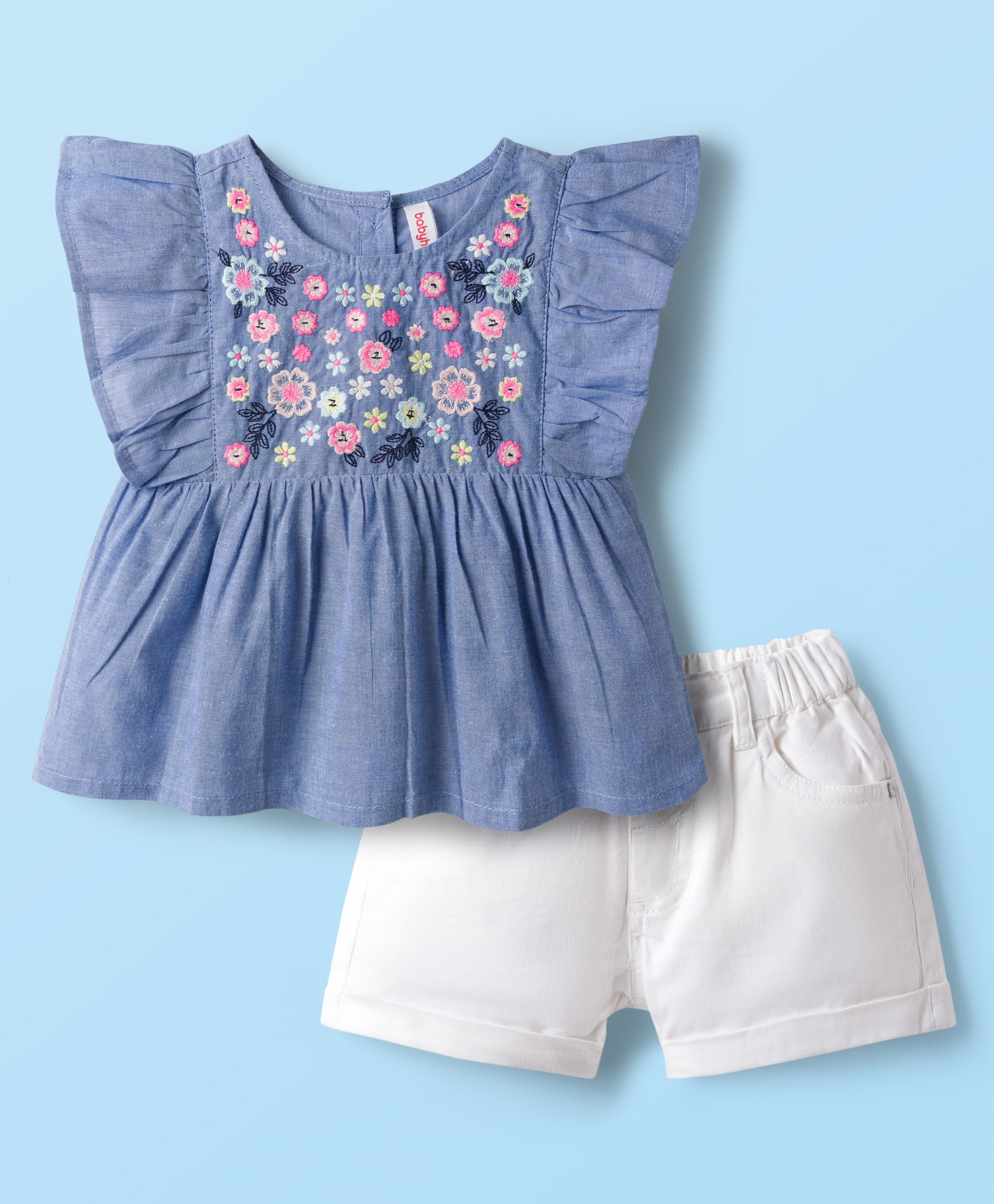 Babyhug Chambray Woven Frill Sleeves Top & Shorts Set with Floral Embroidery - Light Blue & White-picture-13