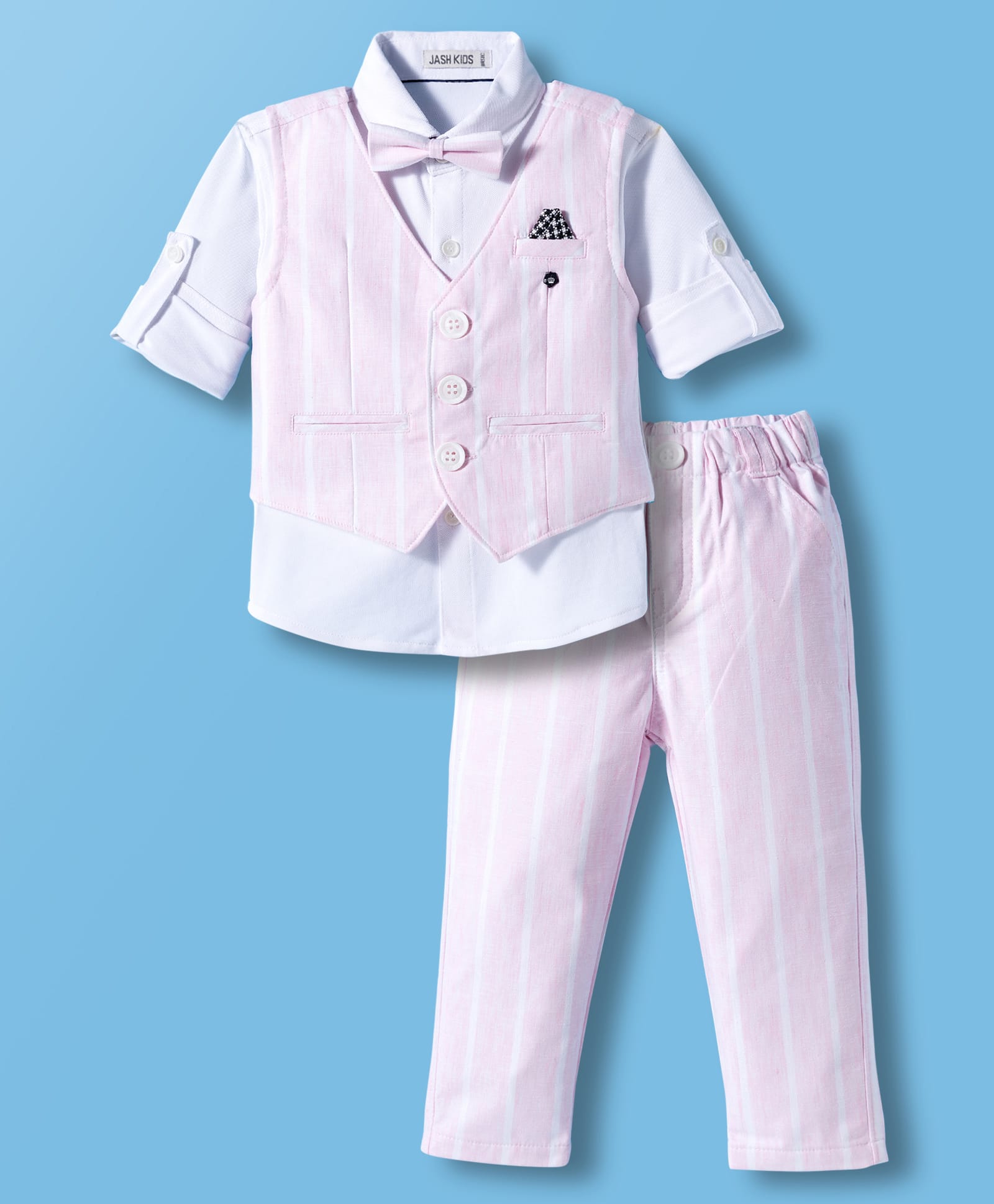 JASH KIDS Cotton Woven Full Sleeves Striped 3 Piece Party Suit With Bow - Pink-picture-9