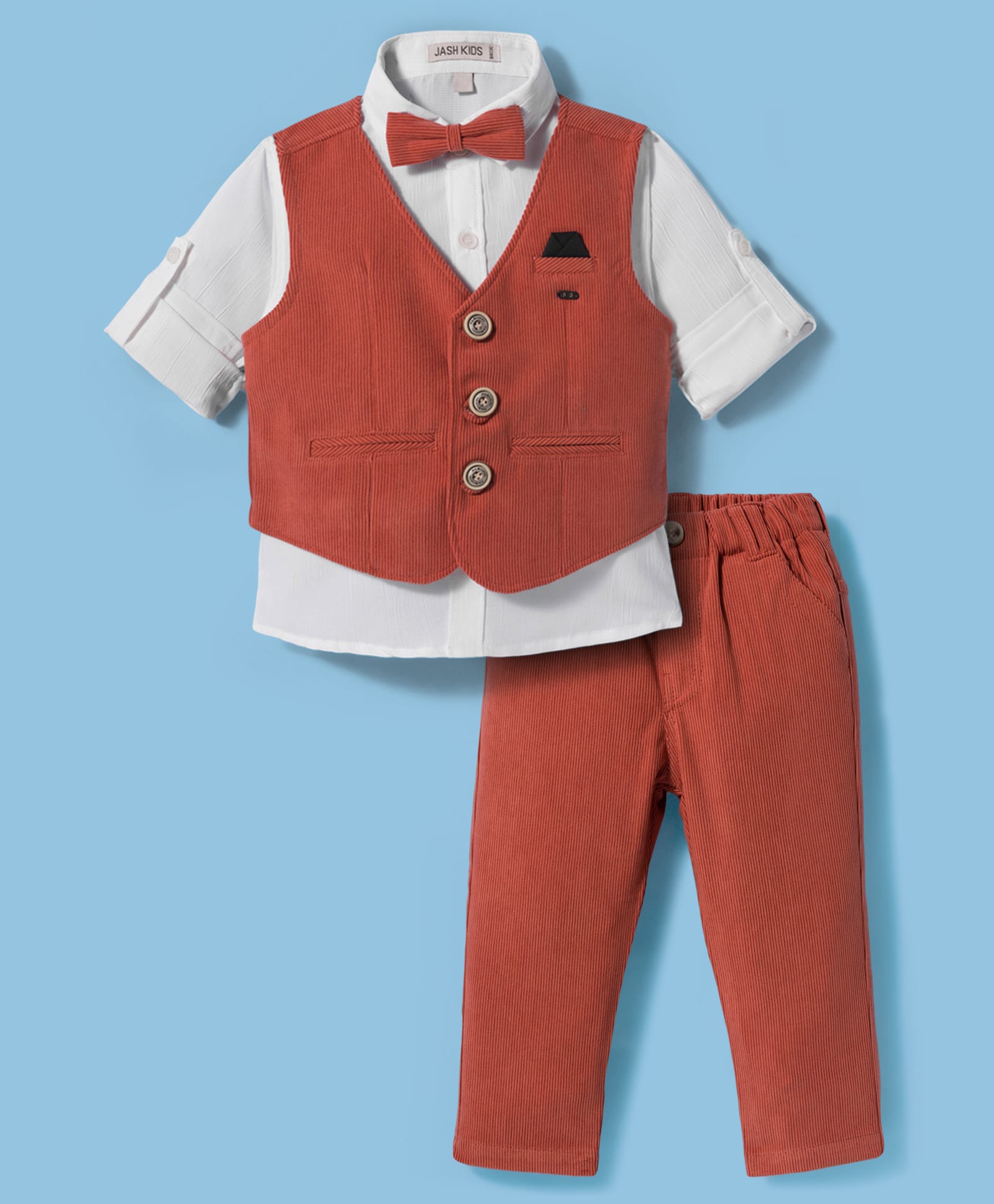 JASH KIDS Cotton Woven Full Sleeves Solid Color 3 Piece Party Suit with Bow - Rust Orange-image-48