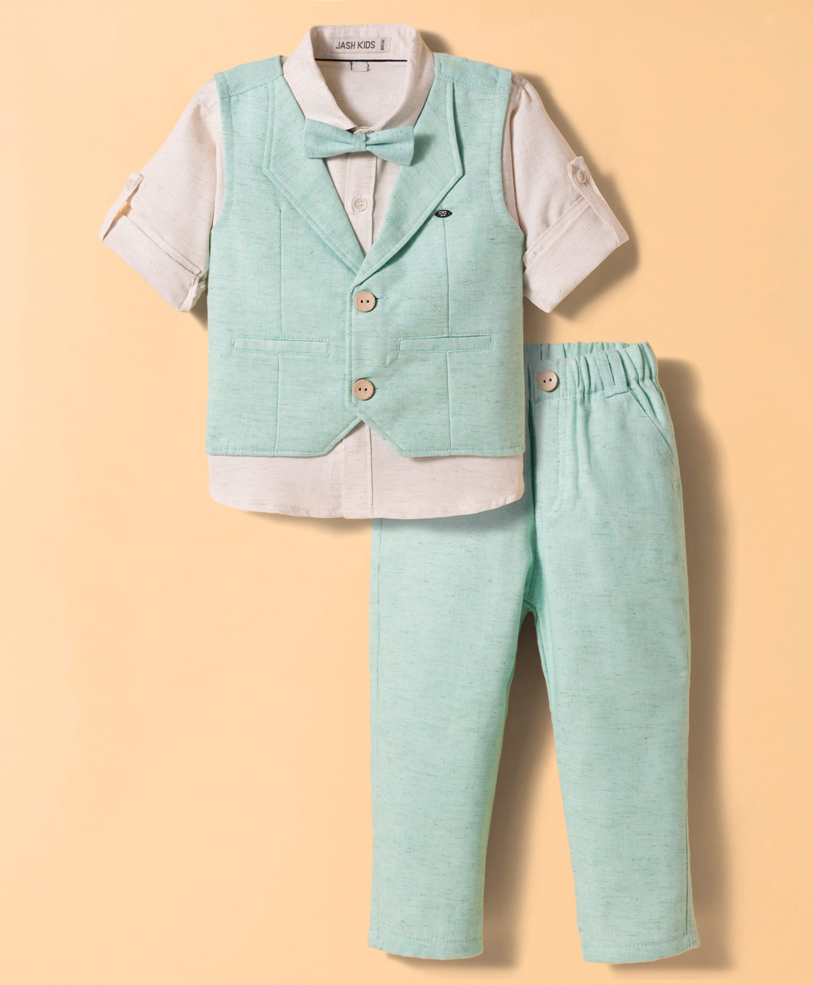 JASH KIDS Cotton Woven Full Sleeves Solid Color Three Piece Party Suit with Bow - Sea Green-image-21