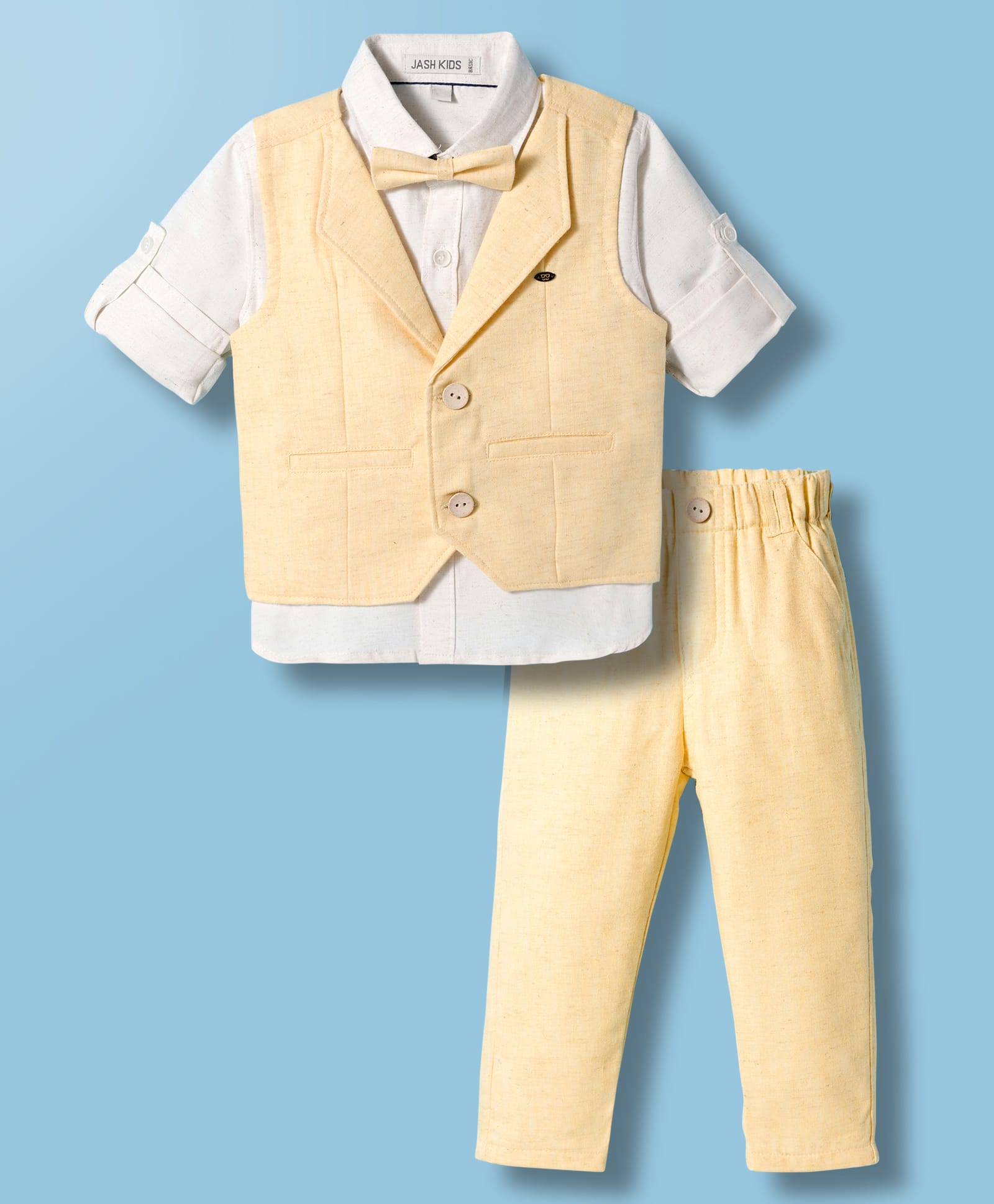 JASH KIDS Cotton Woven Full Sleeves Solid Color Three Piece Party Suit with Bow - Lemon Yellow-image-23