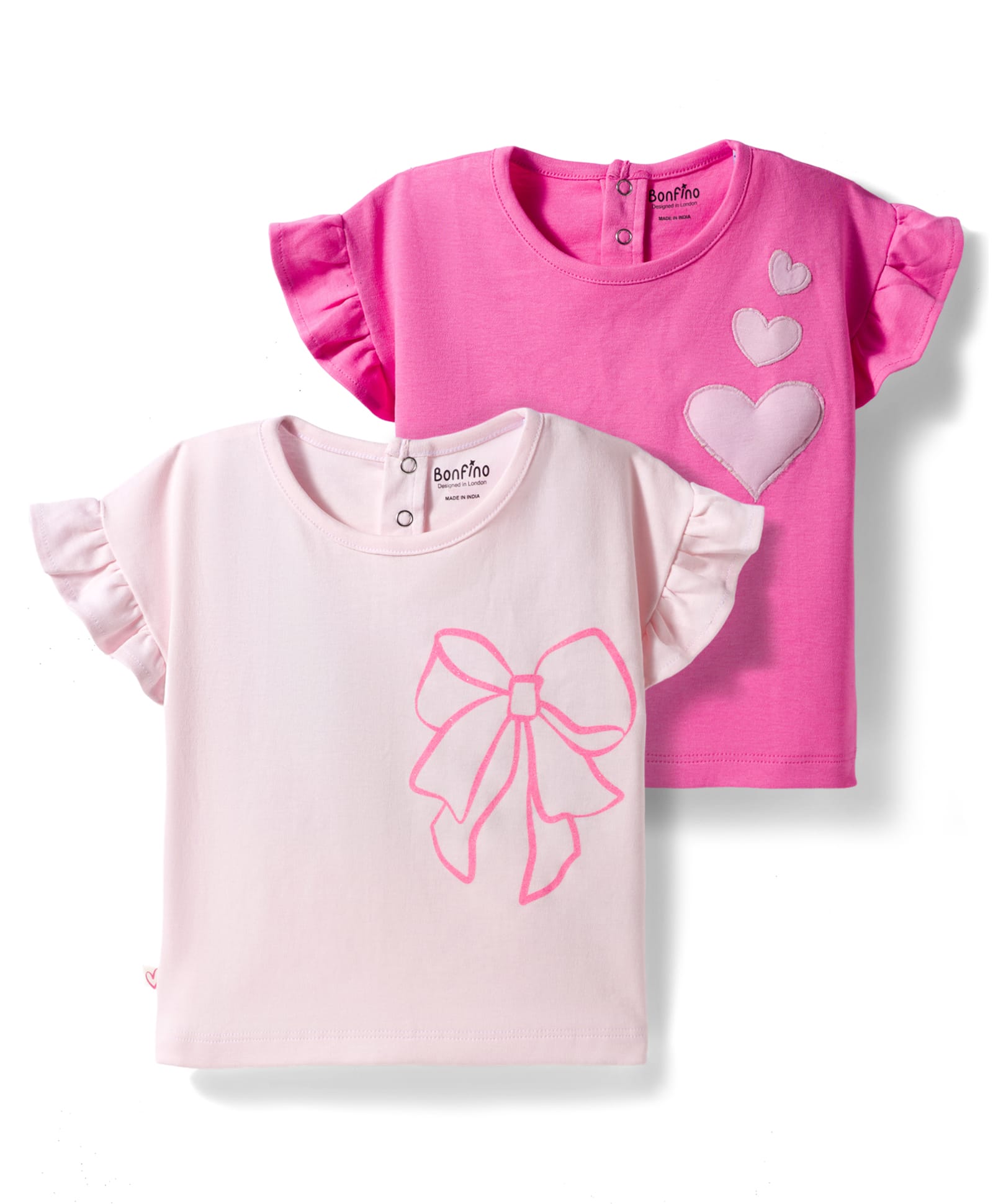 Bonfino 100% Cotton Knit Half Sleeves T-Shirts with Bow & Heart Print Pack of 2 - Pink-picture-3