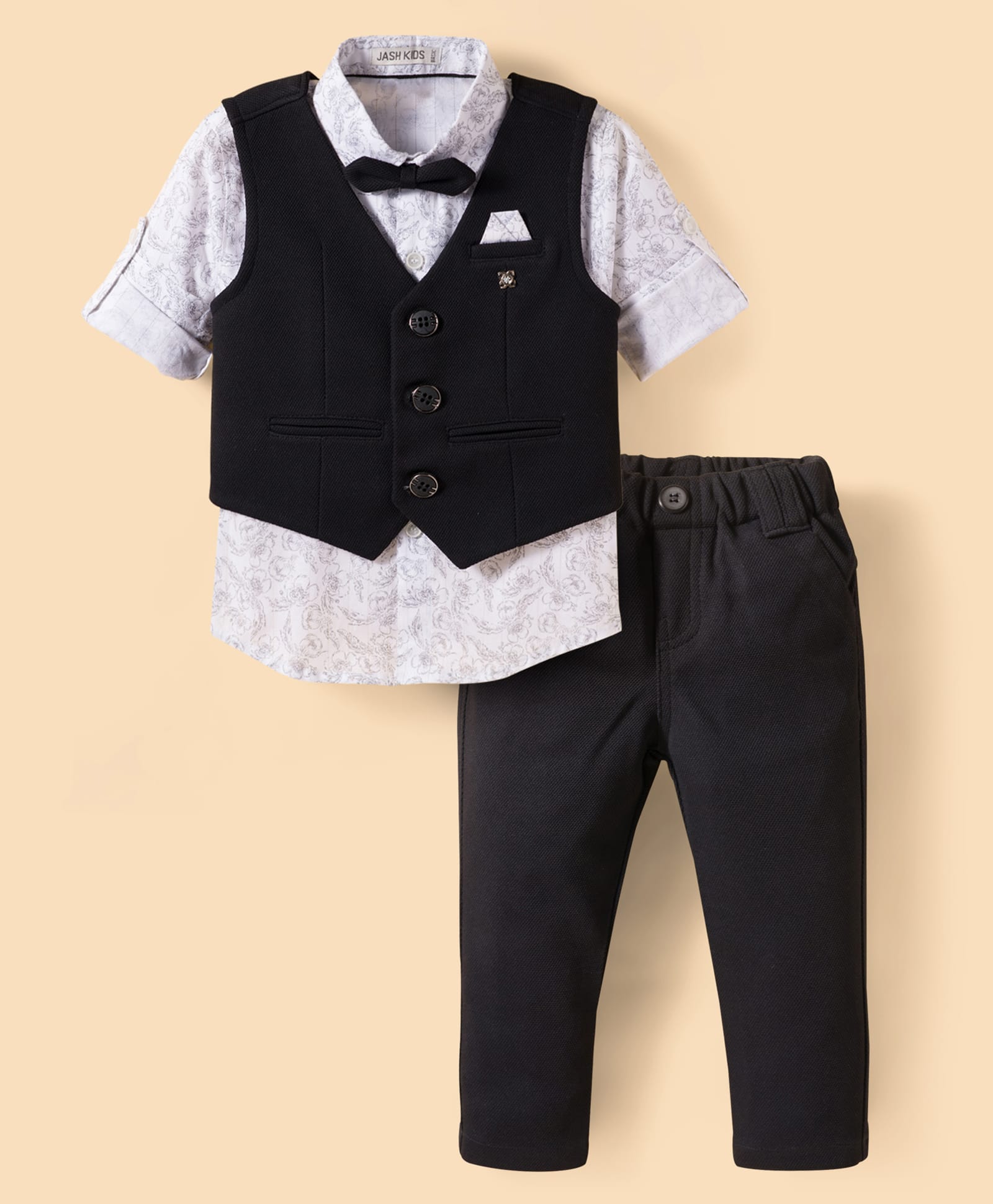 JASH KIDS Cotton Woven Full Sleeves Floral Printed Three Piece Party Suit with Bow - Black-image-33