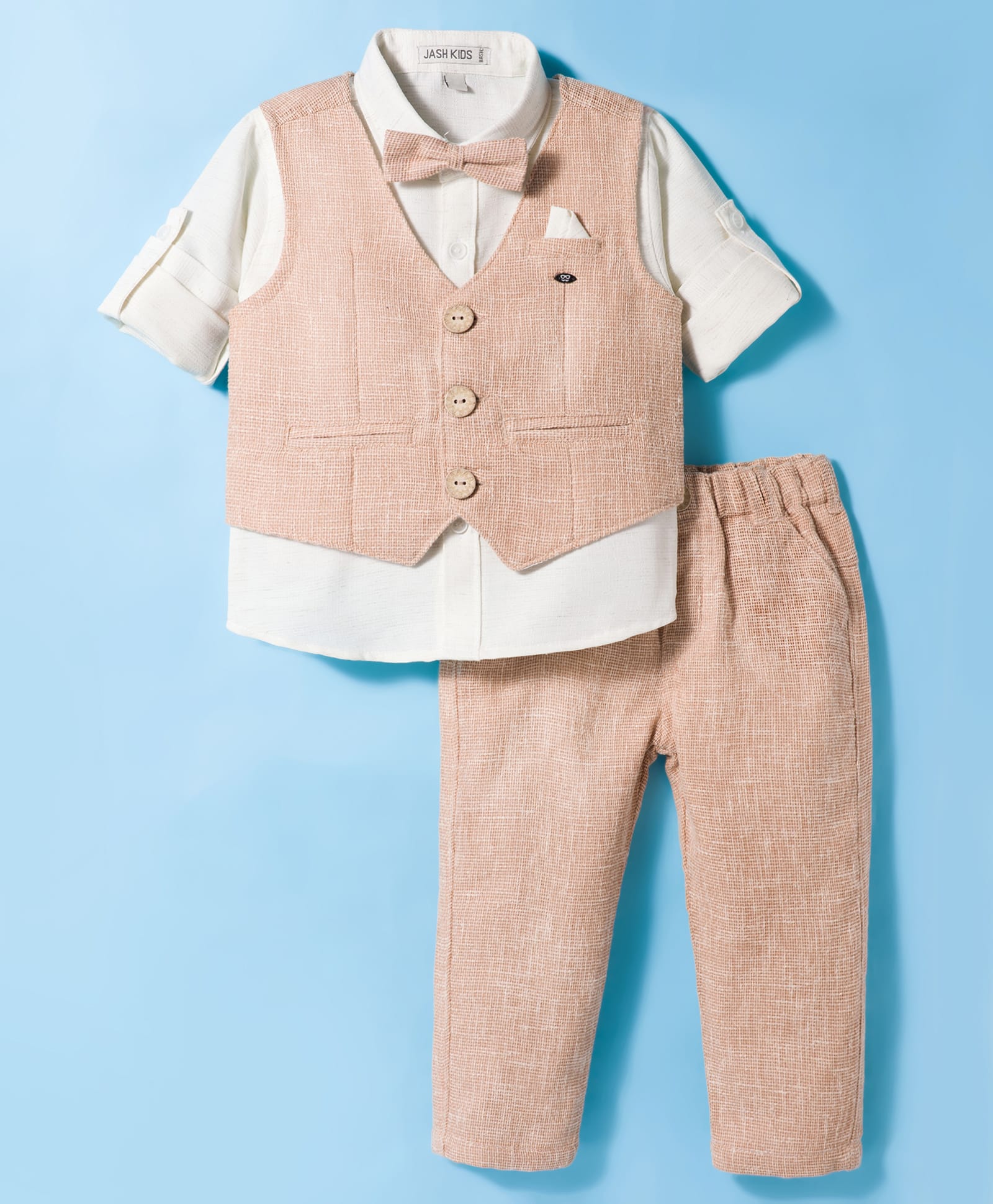 JASH KIDS Cotton Woven Full Sleeves Solid 3 Piece Party Suit With Bow - Peach-picture-27