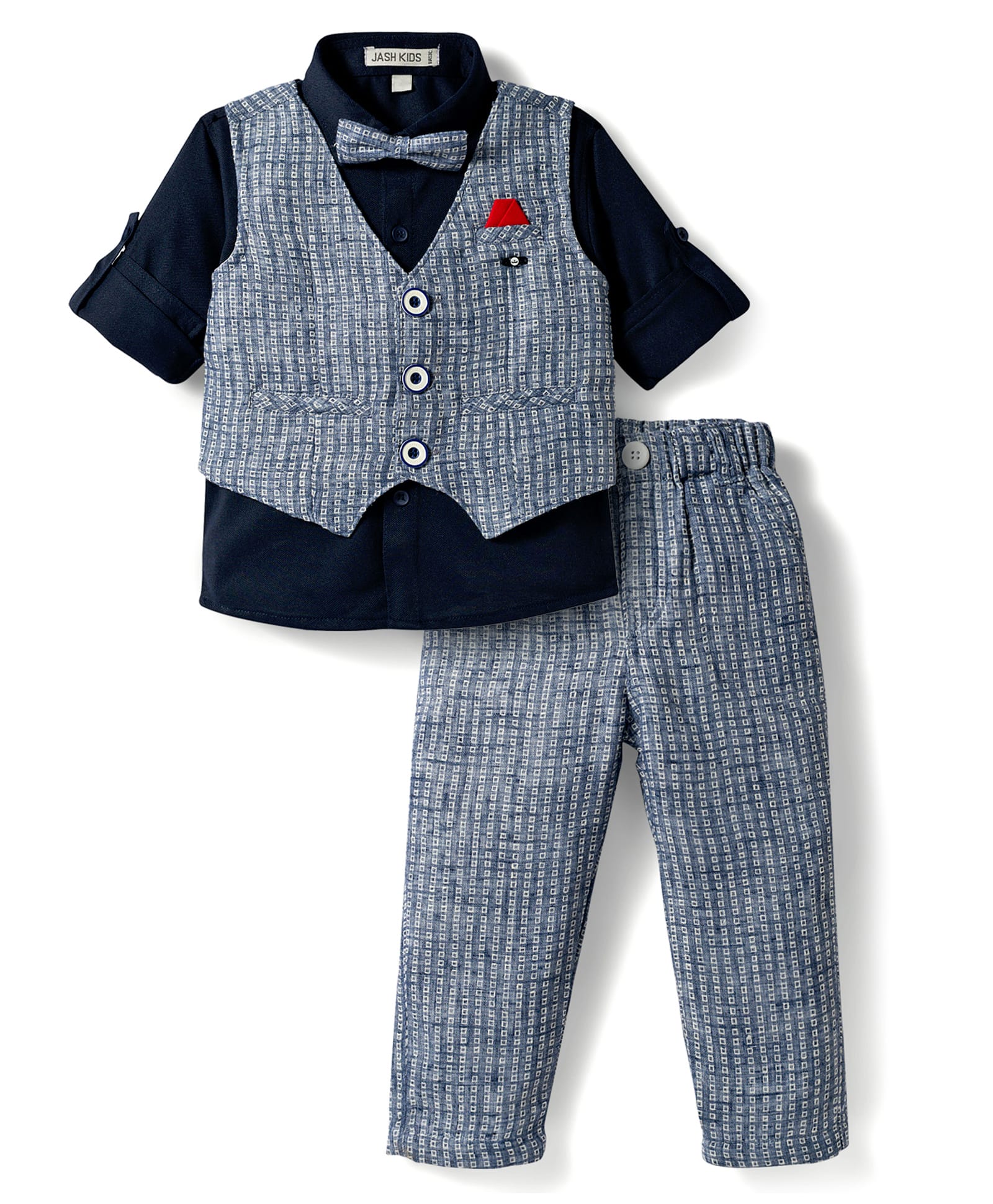 Jash Kids Cotton Woven Full Sleeves 3 Piece Printed Party Suit with Bow - Navy Vlue-picture-21