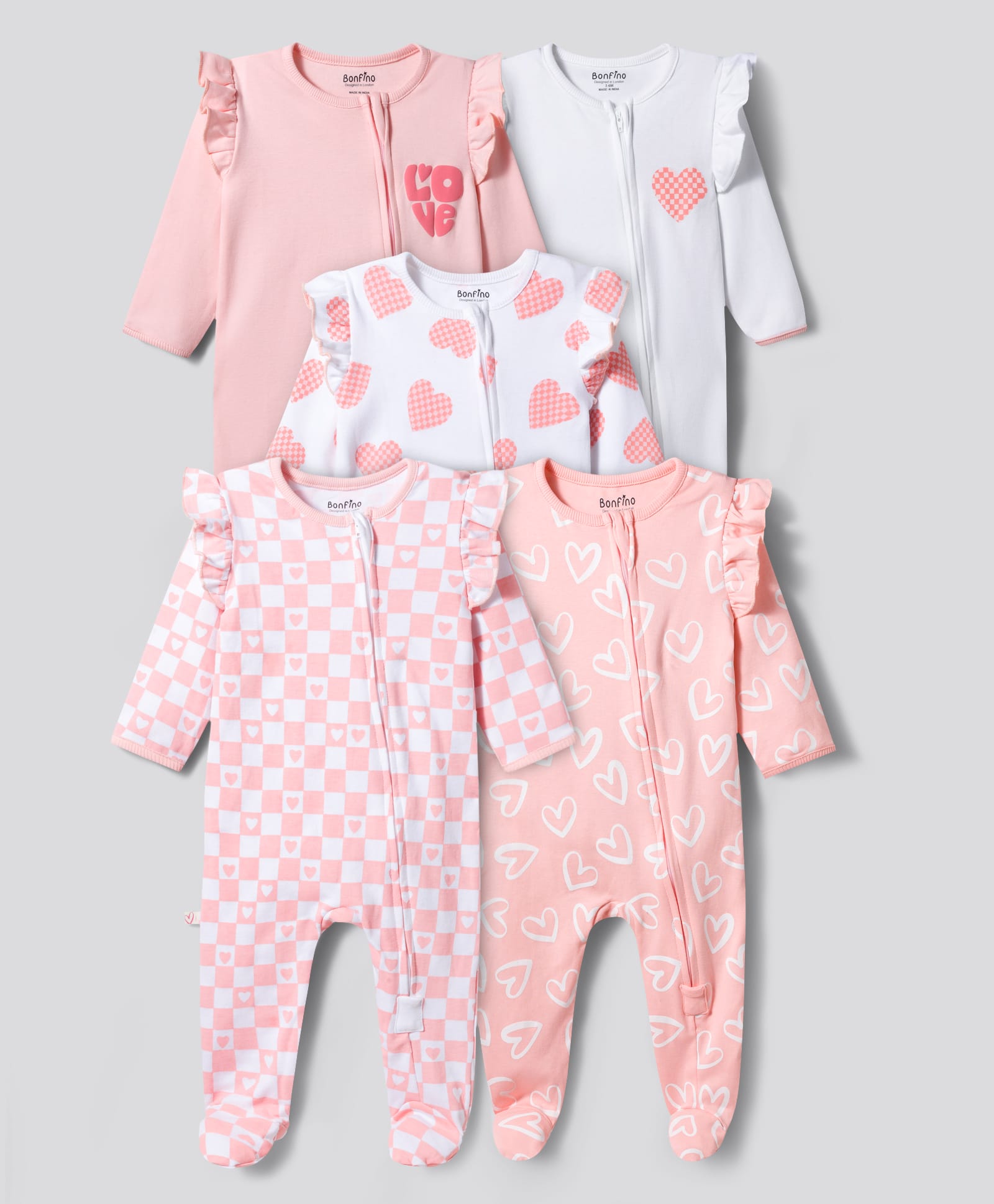 Bonfino 100% Cotton Knit Full Sleeves with Flutter Detailing Sleep Suits with Heart Print & Pack of 5 - Pink & White-picture-31