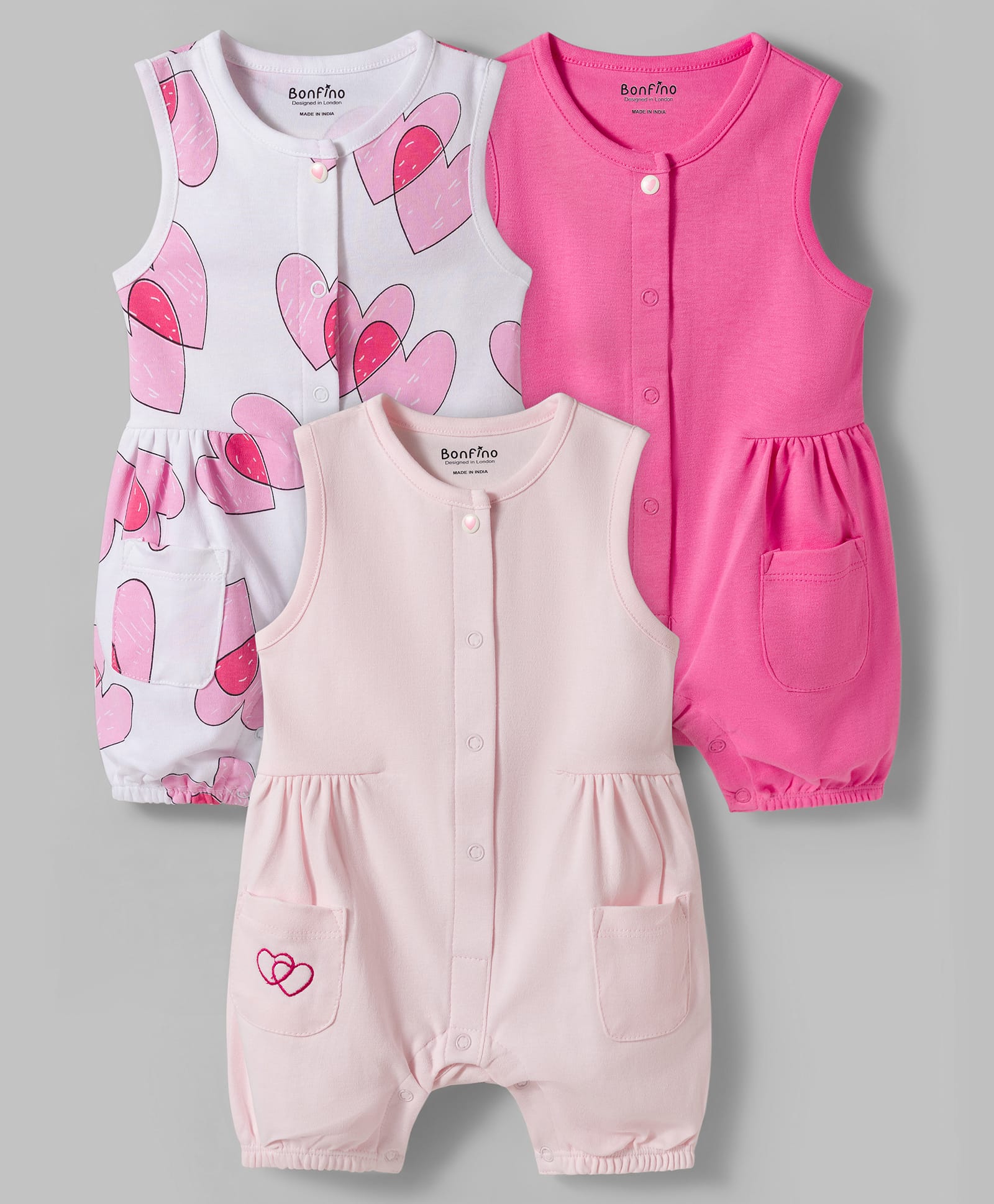 Bonfino 100% Cotton Knit Sleeveless Rompers with Heart Print Pack of 3 - Pink Peach & White-image-14