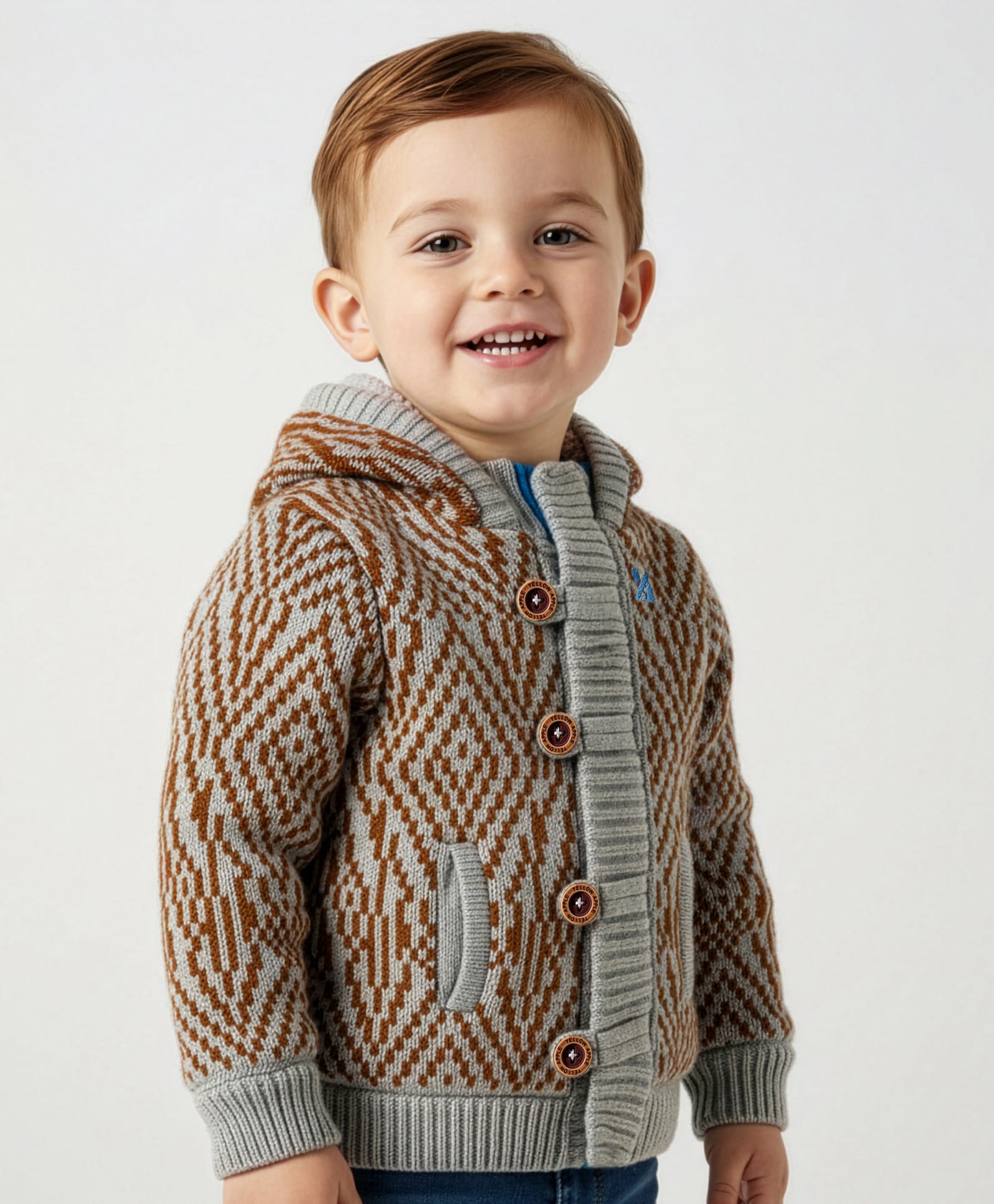 Yellow Apple Knit Full Sleeves Hooded Sweater With Geometric Design & Kangaroo Pocket - Brown-image-19