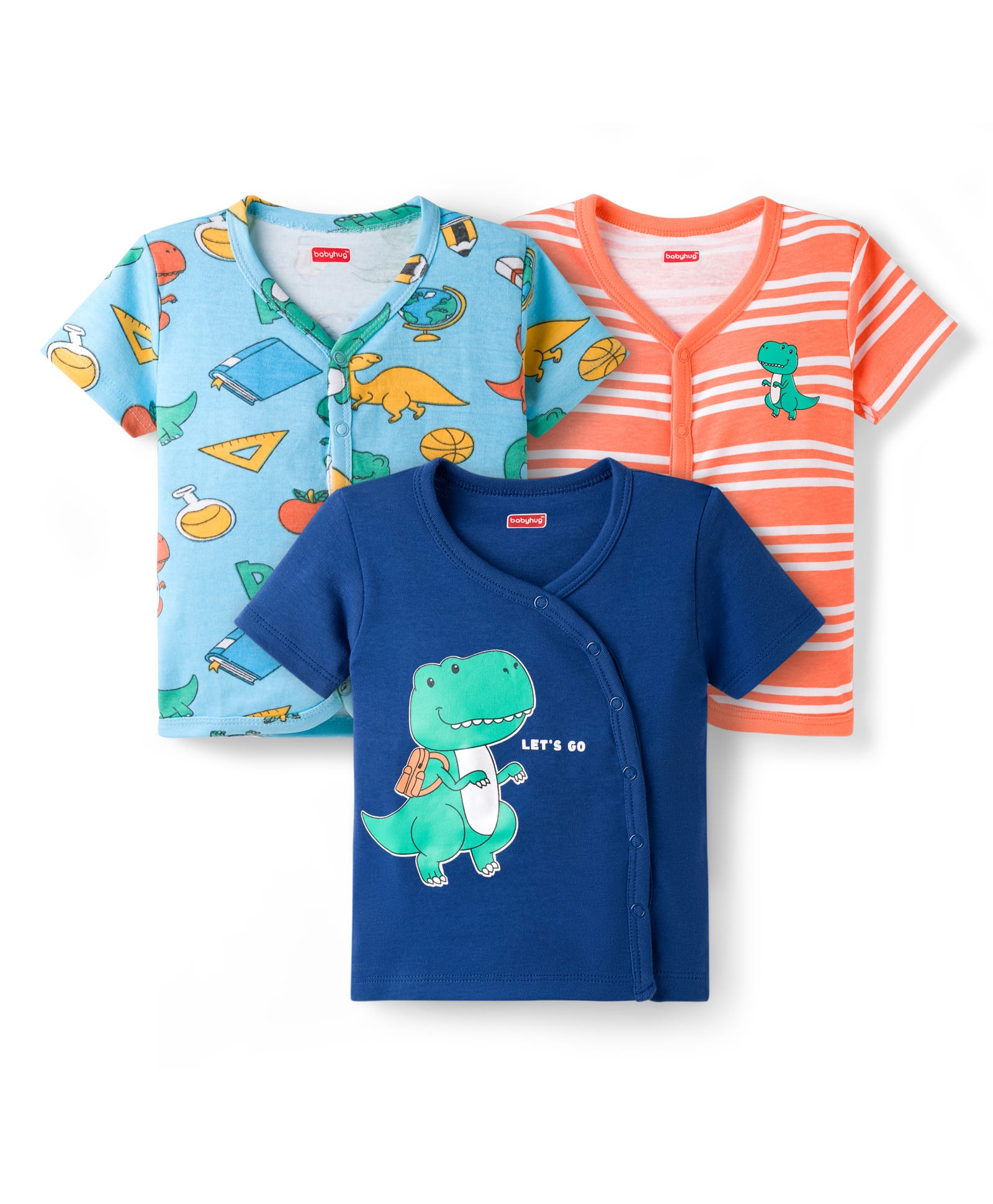 Babyhug 100% Cotton Knit Half Sleeves Jhablas With Dino Print Pack of 3 - Peach Light & Navy Blue-picture-20
