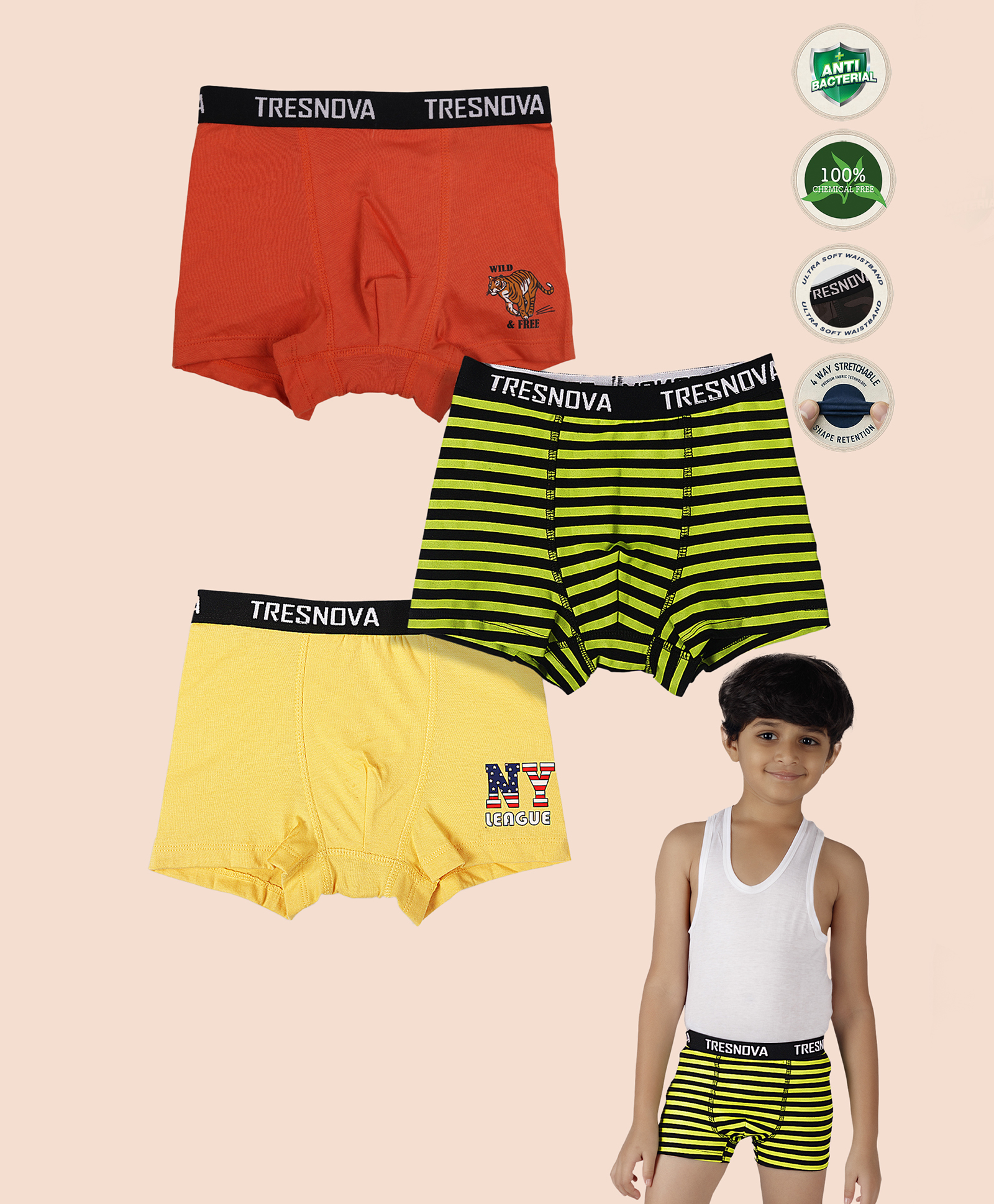 TRESNOVA Cotton Elastane Knit Pack Of 3 Striped & Typography Printed Briefs - Orange Yellow & Black-picture-6