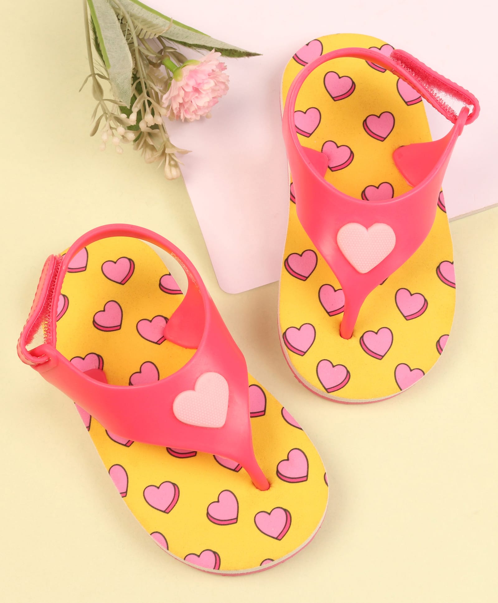 Babyoye Velcro Closure Flip Flops with Heart Print - Yellow-image-21