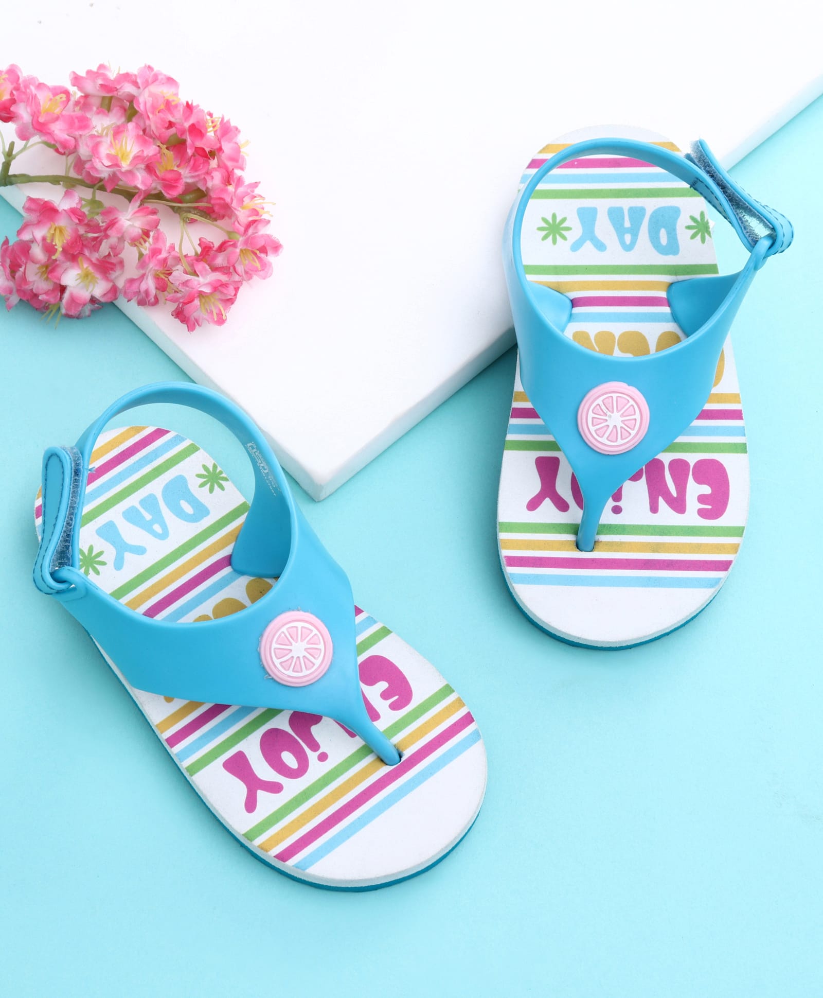 Babyoye Velcro Closure Flip Flops with Text Print - Blue