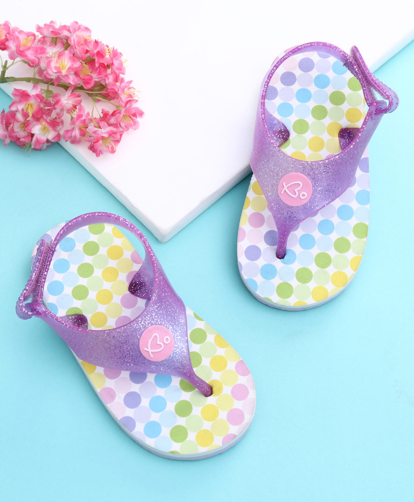Babyoye Velcro Closure Flip Flops with Polk Dots Print - Purple Green & Blue