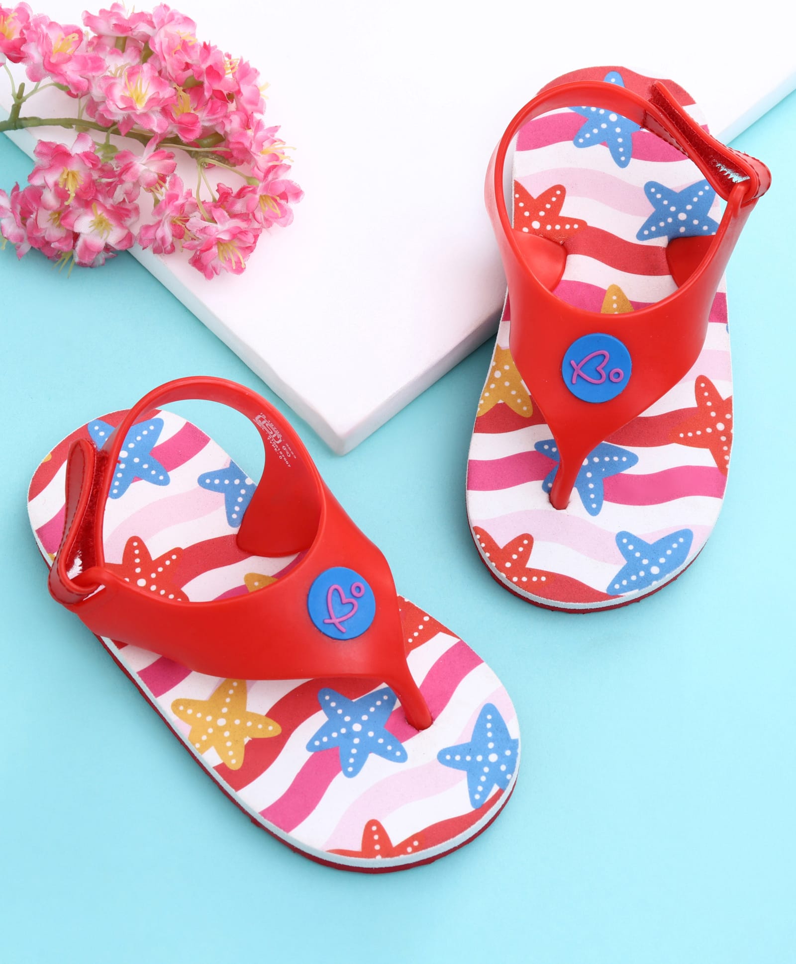 Babyoye Velcro Closure Flip Flops with Starfish Print - Red