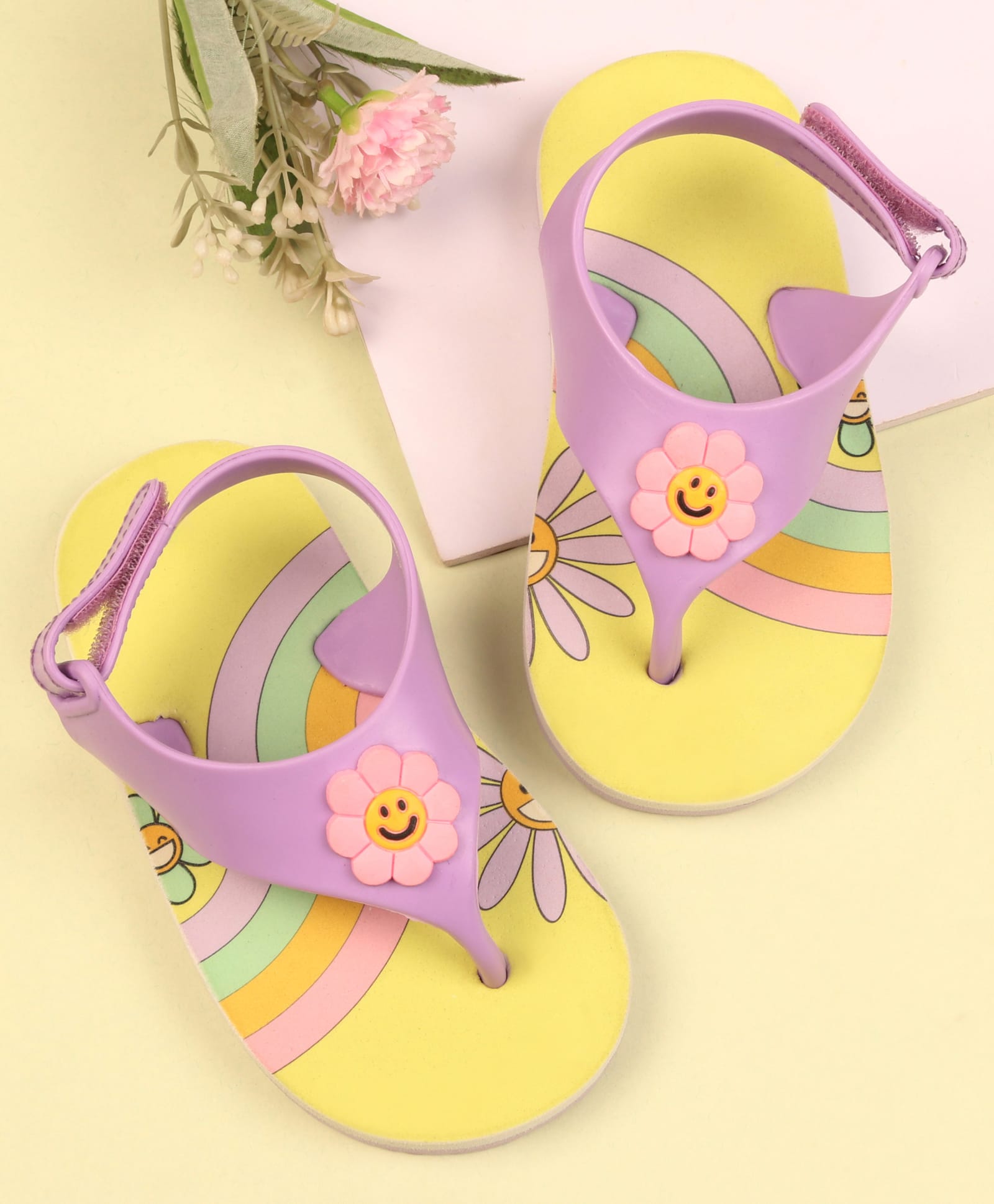 Babyoye Velcro Closure Flip Flops with Floral Print - Lavender